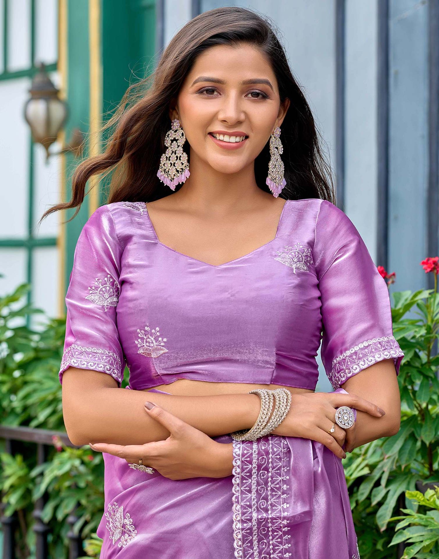 Lavender Tissue Silk Sequence Embroidery Saree