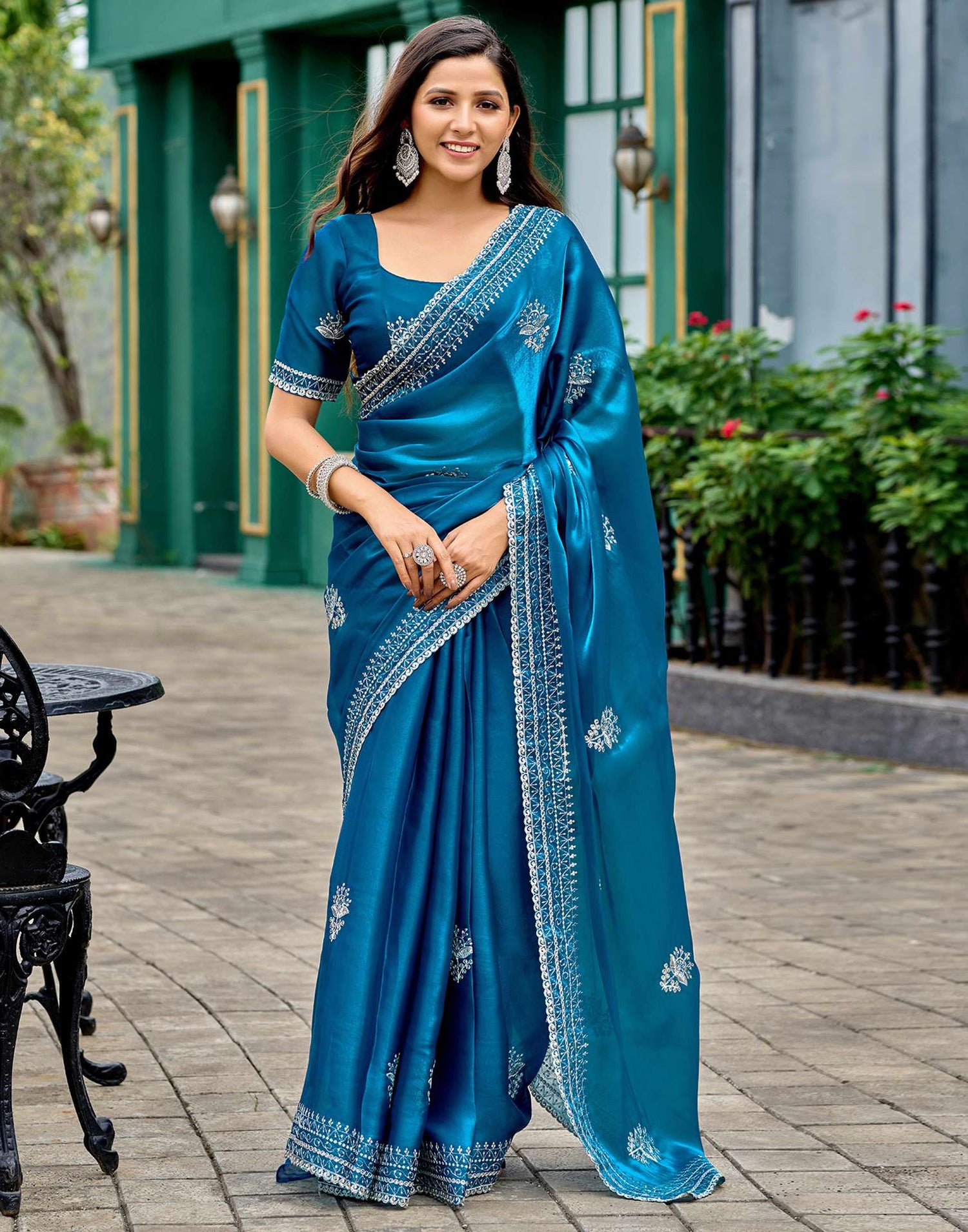 Peacock Blue Tissue Silk Sequence Embroidery Saree