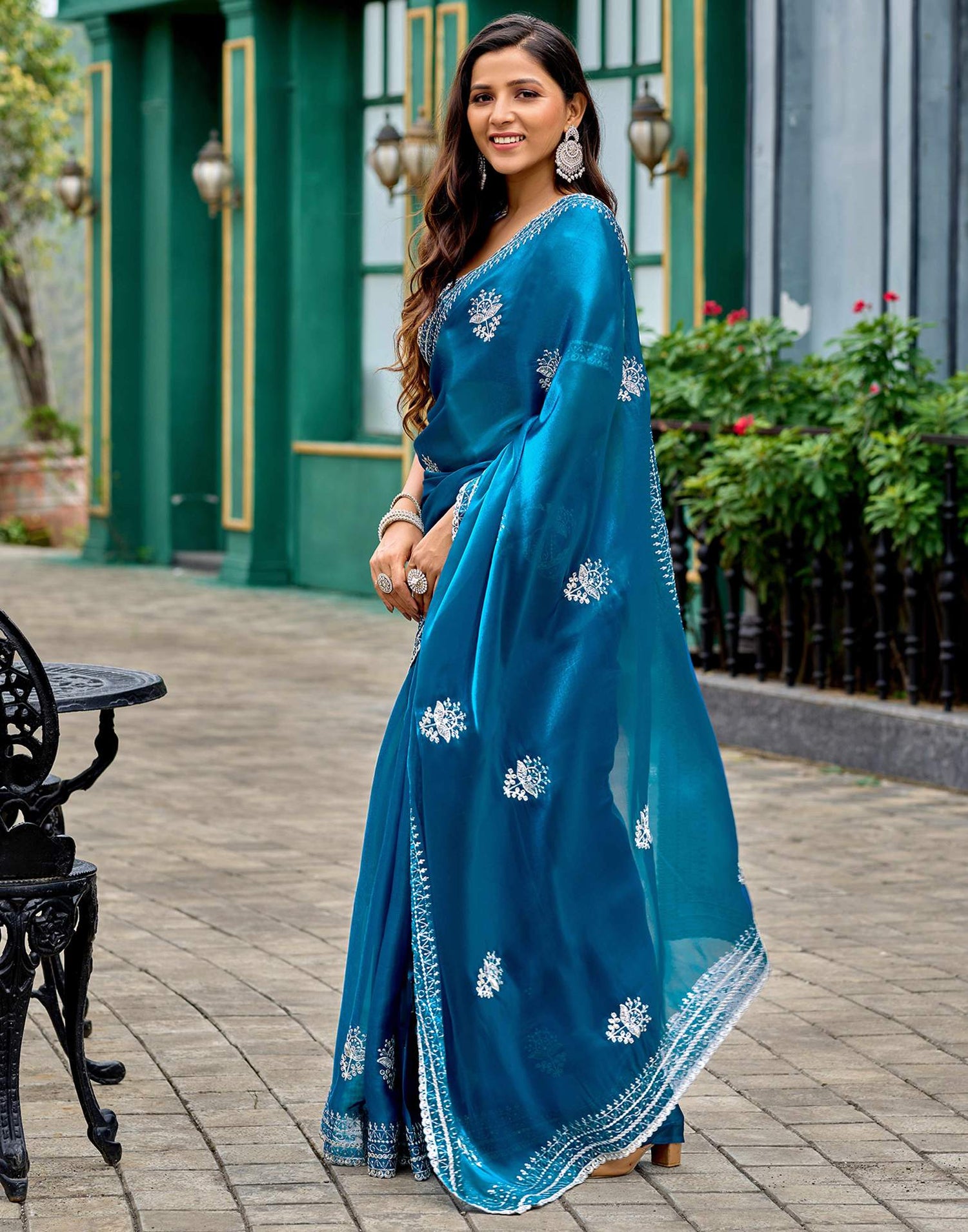 Peacock Blue Tissue Silk Sequence Embroidery Saree