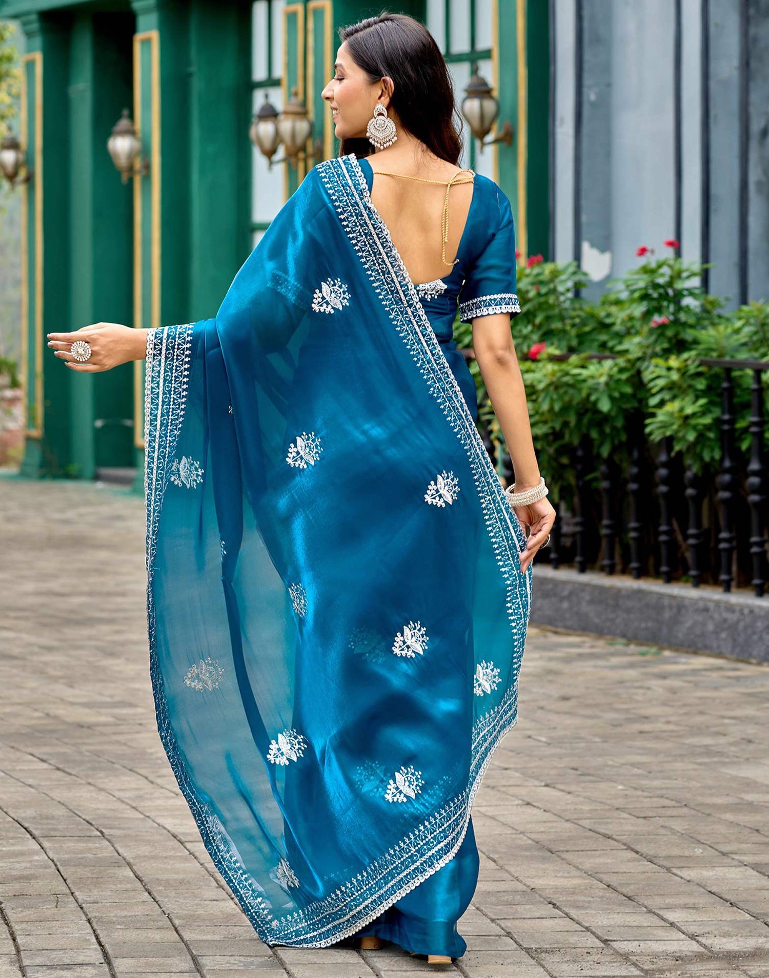Peacock Blue Tissue Silk Sequence Embroidery Saree