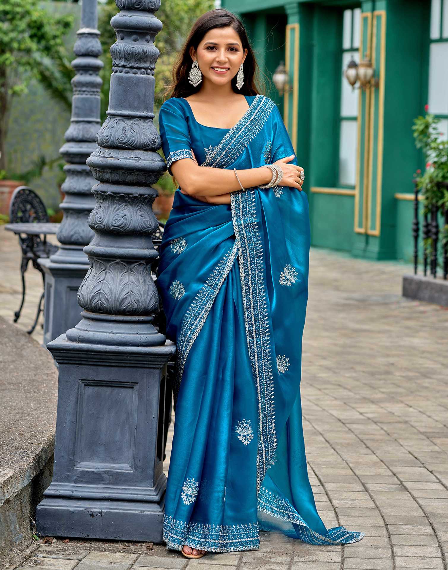 Peacock Blue Tissue Silk Sequence Embroidery Saree
