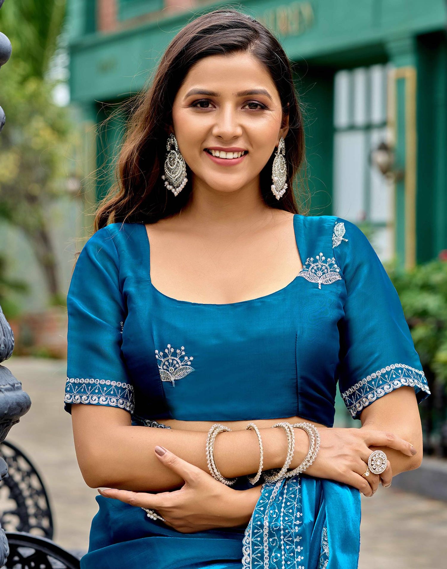 Peacock Blue Tissue Silk Sequence Embroidery Saree