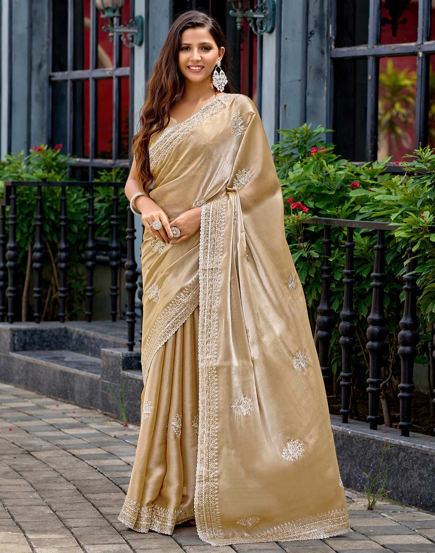 Beige Tissue Silk Sequence Embroidery Saree