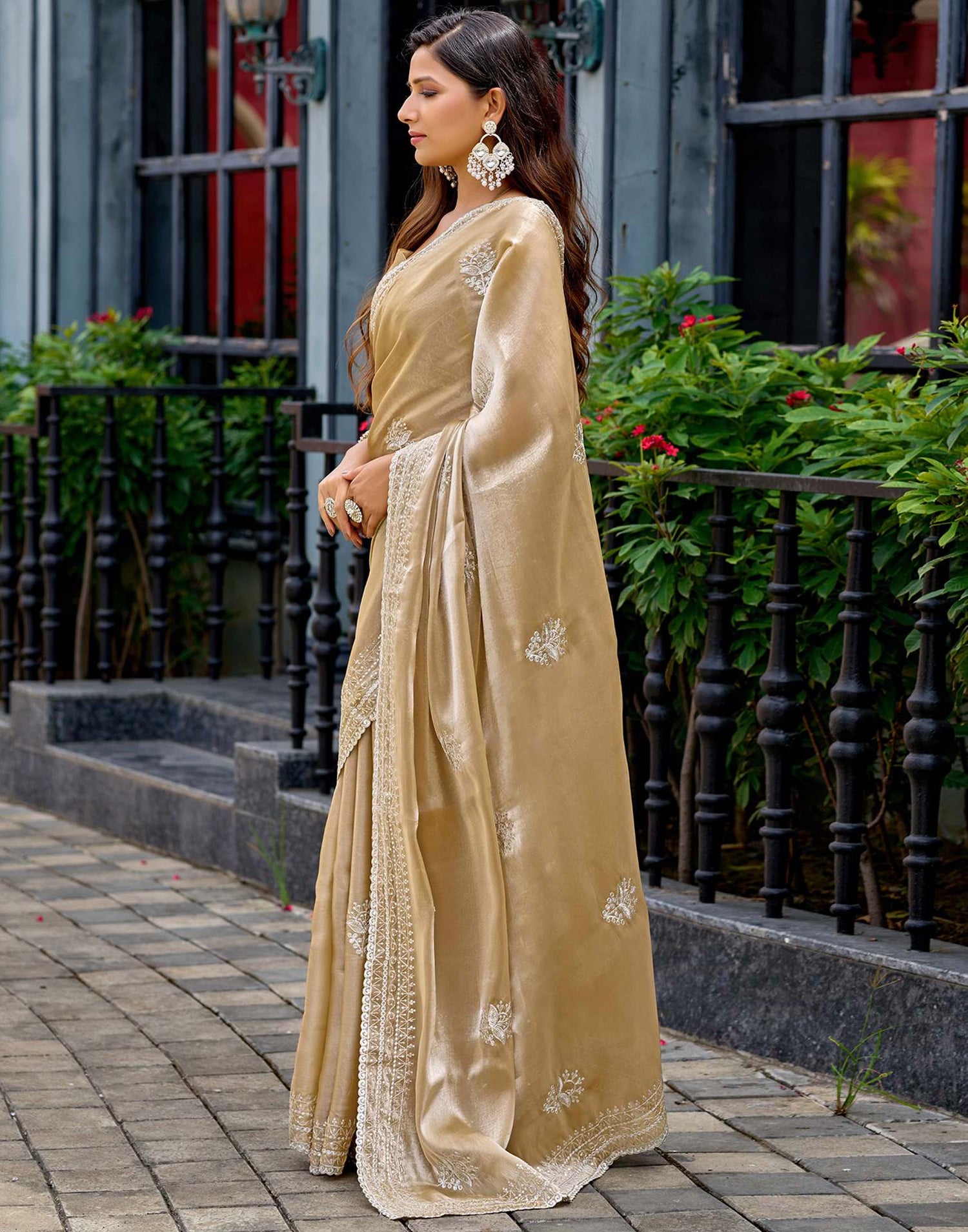 Beige Tissue Silk Sequence Embroidery Saree