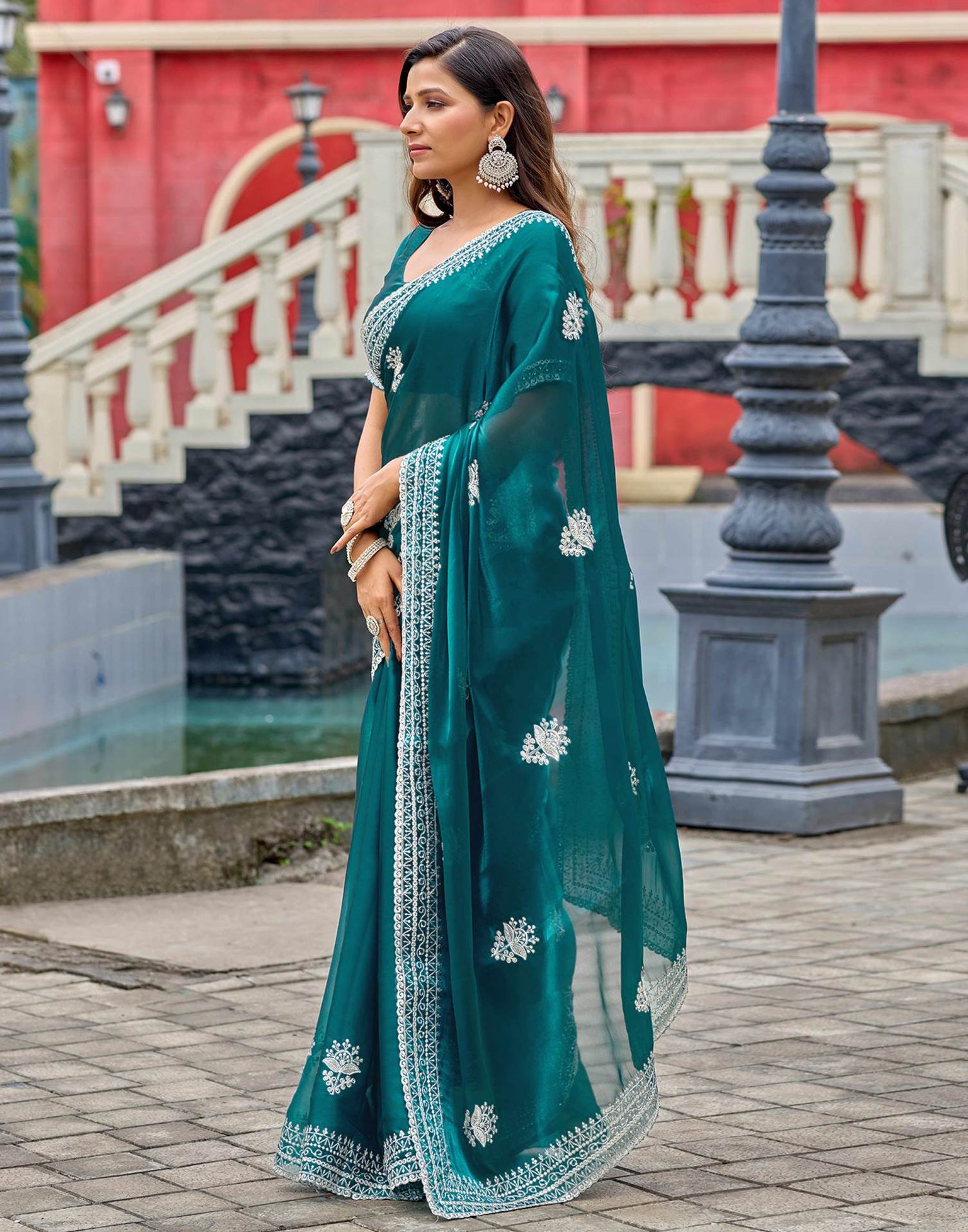 Teal Green Tissue Silk Sequence Embroidery Saree
