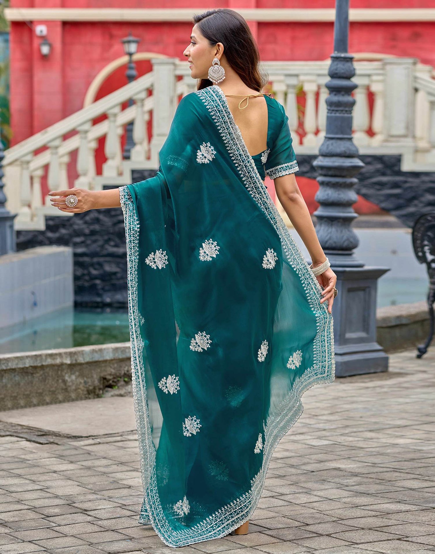 Teal Green Tissue Silk Sequence Embroidery Saree
