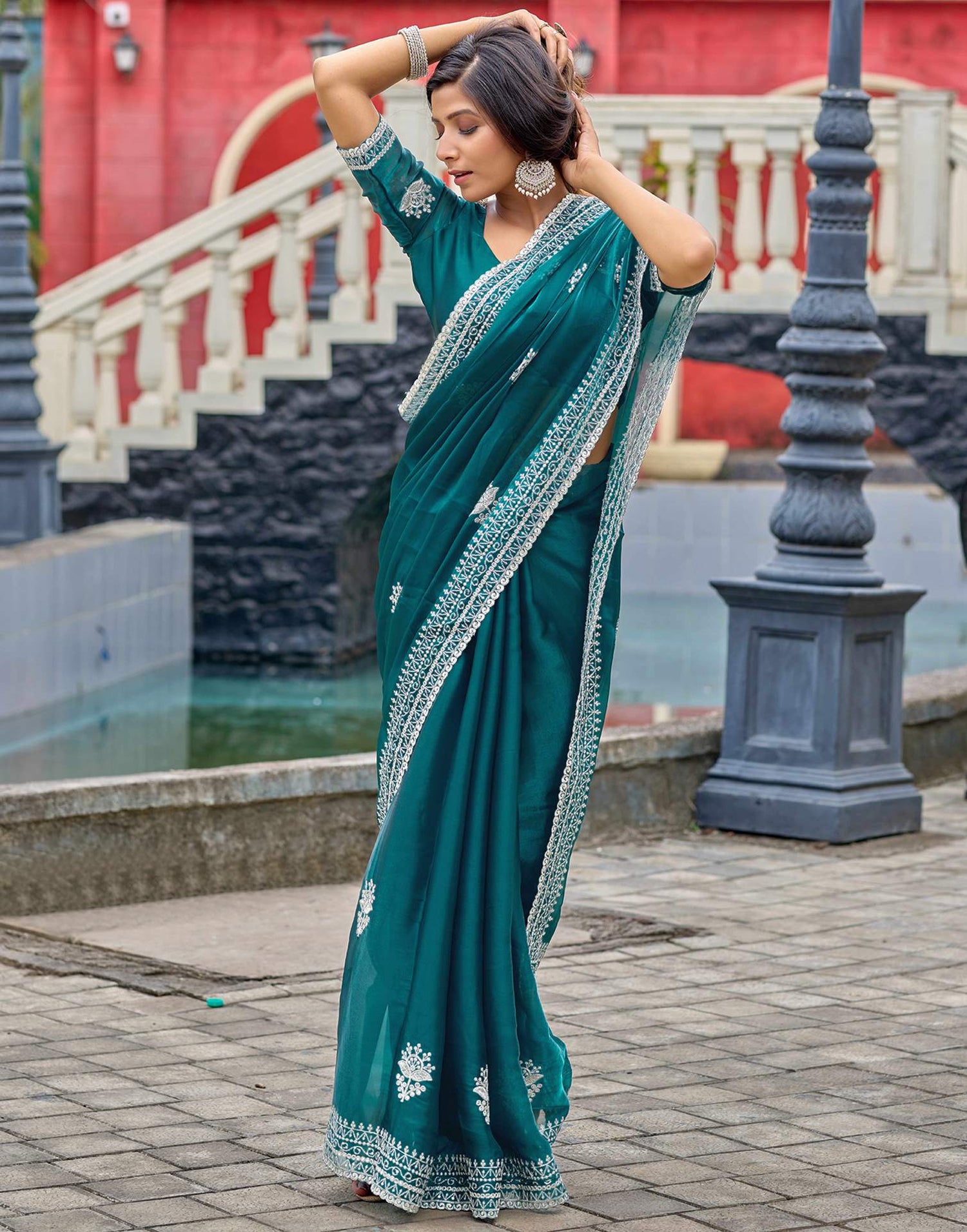 Teal Green Tissue Silk Sequence Embroidery Saree