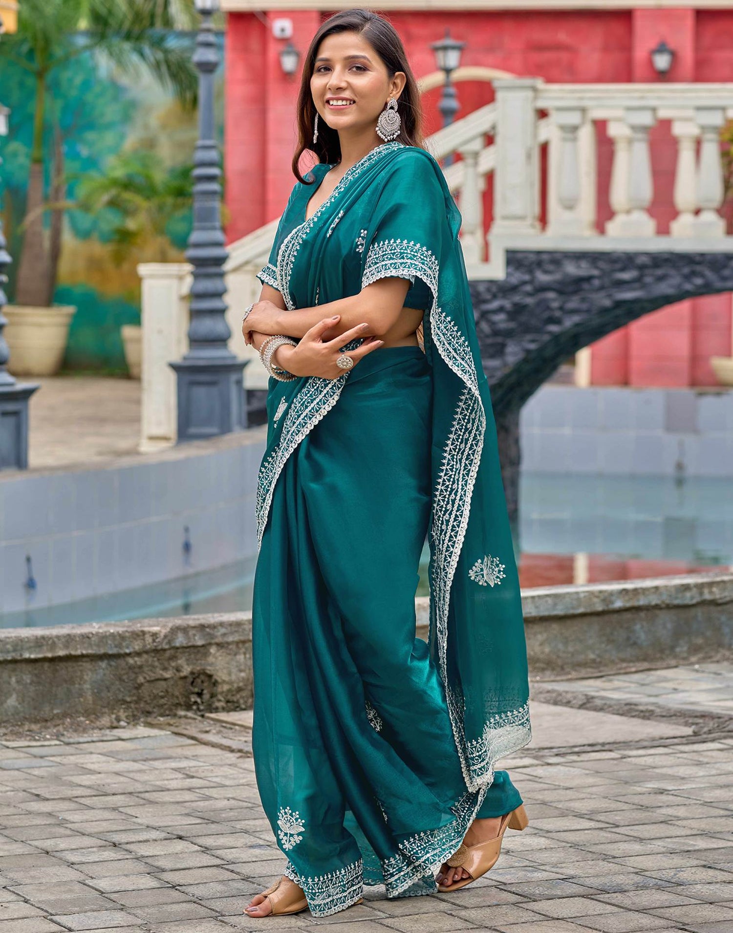 Teal Green Tissue Silk Sequence Embroidery Saree