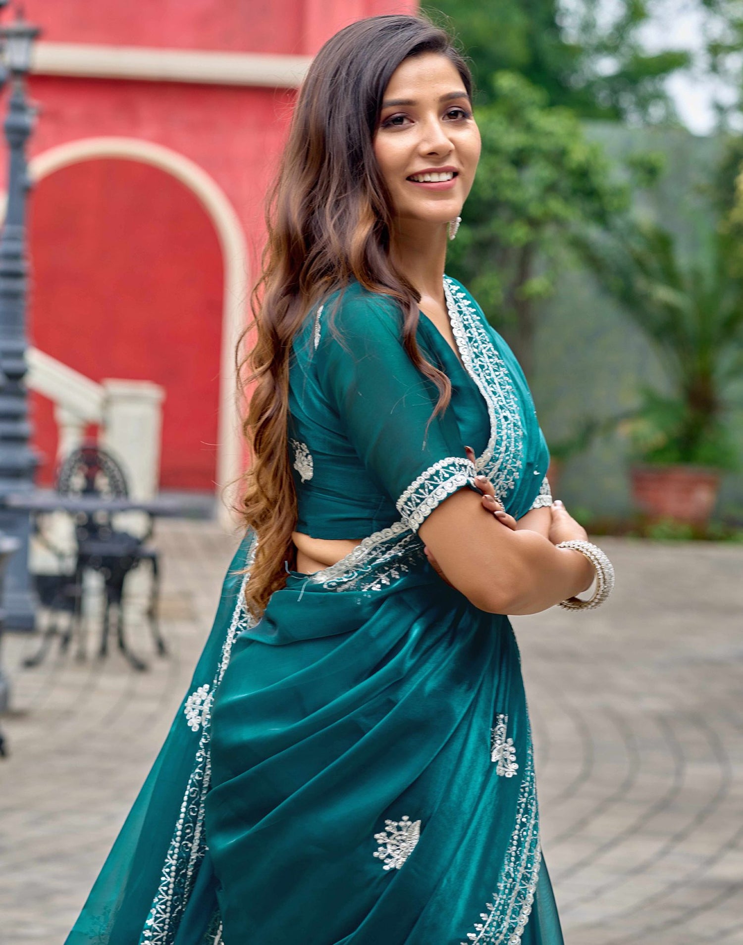 Teal Green Tissue Silk Sequence Embroidery Saree
