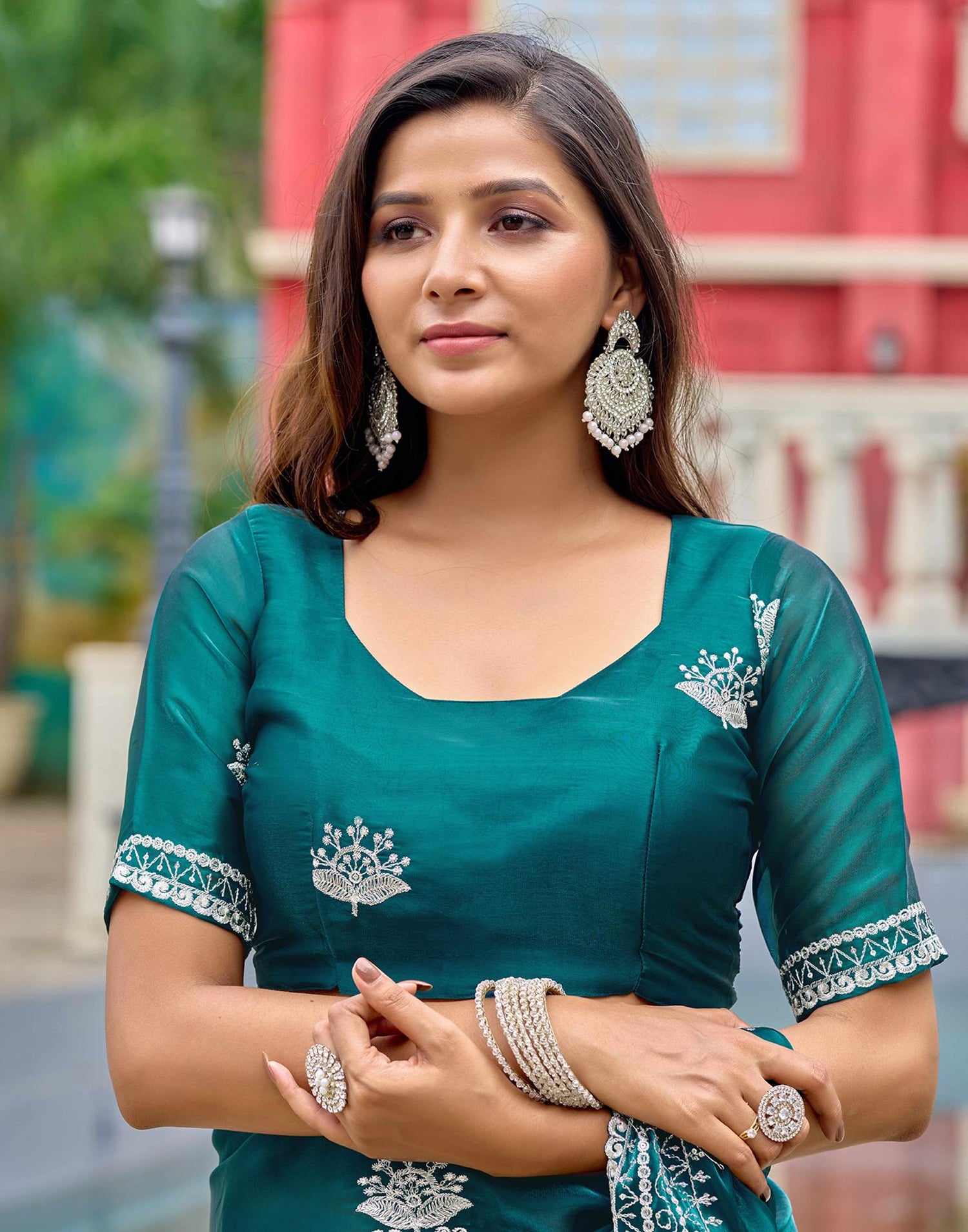 Teal Green Tissue Silk Sequence Embroidery Saree