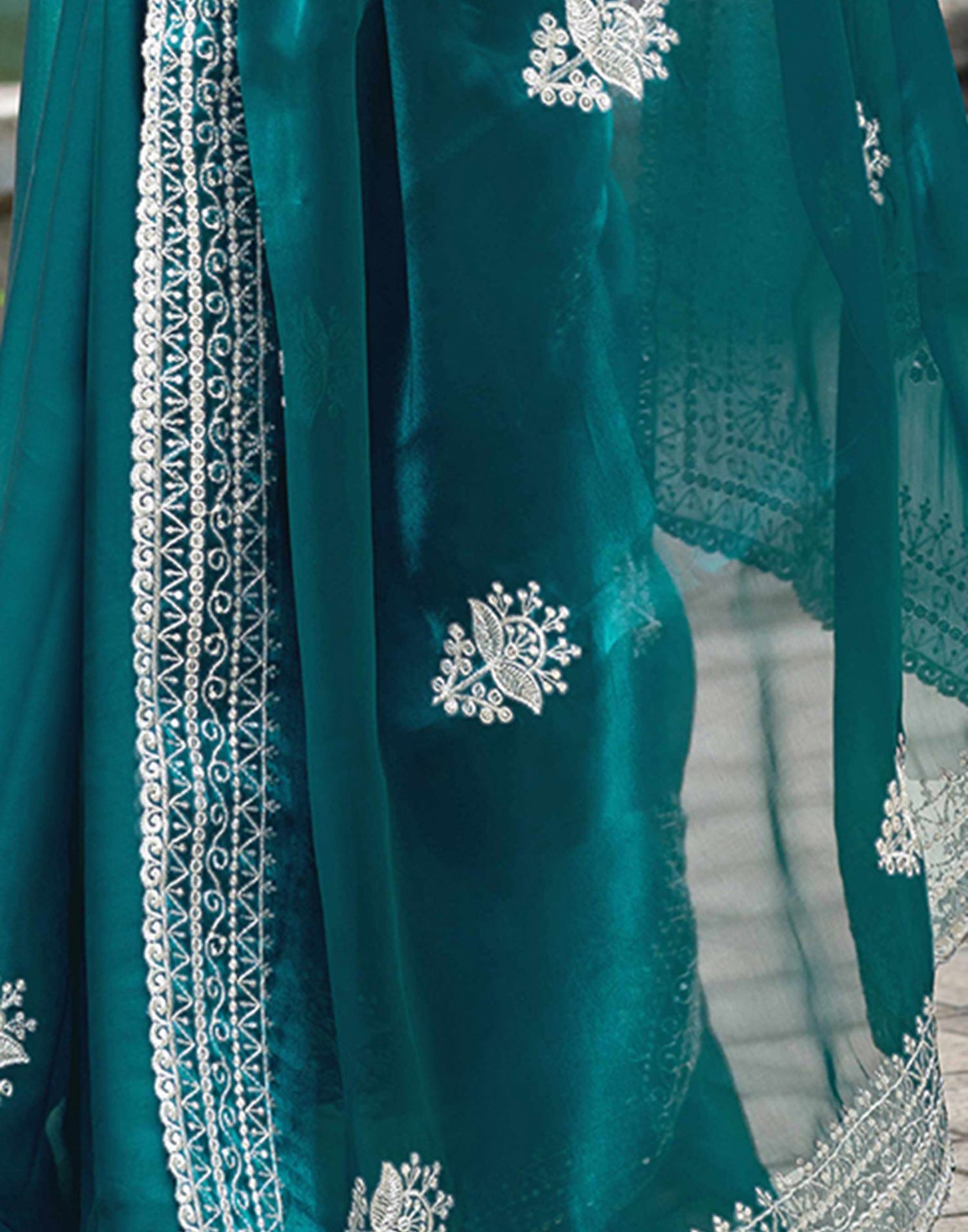 Teal Green Tissue Silk Sequence Embroidery Saree