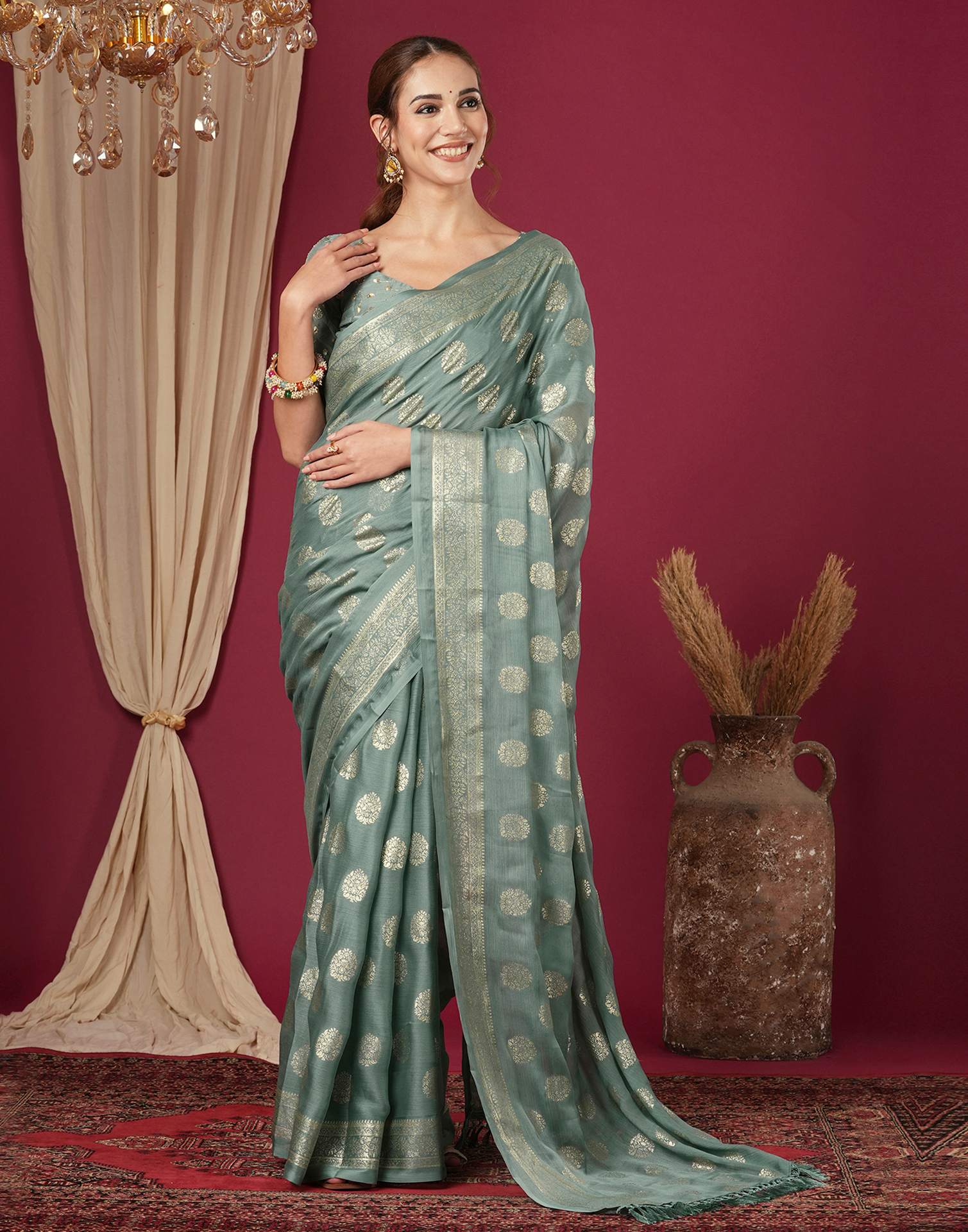 Moss Green Chinnon Foil Printed Saree