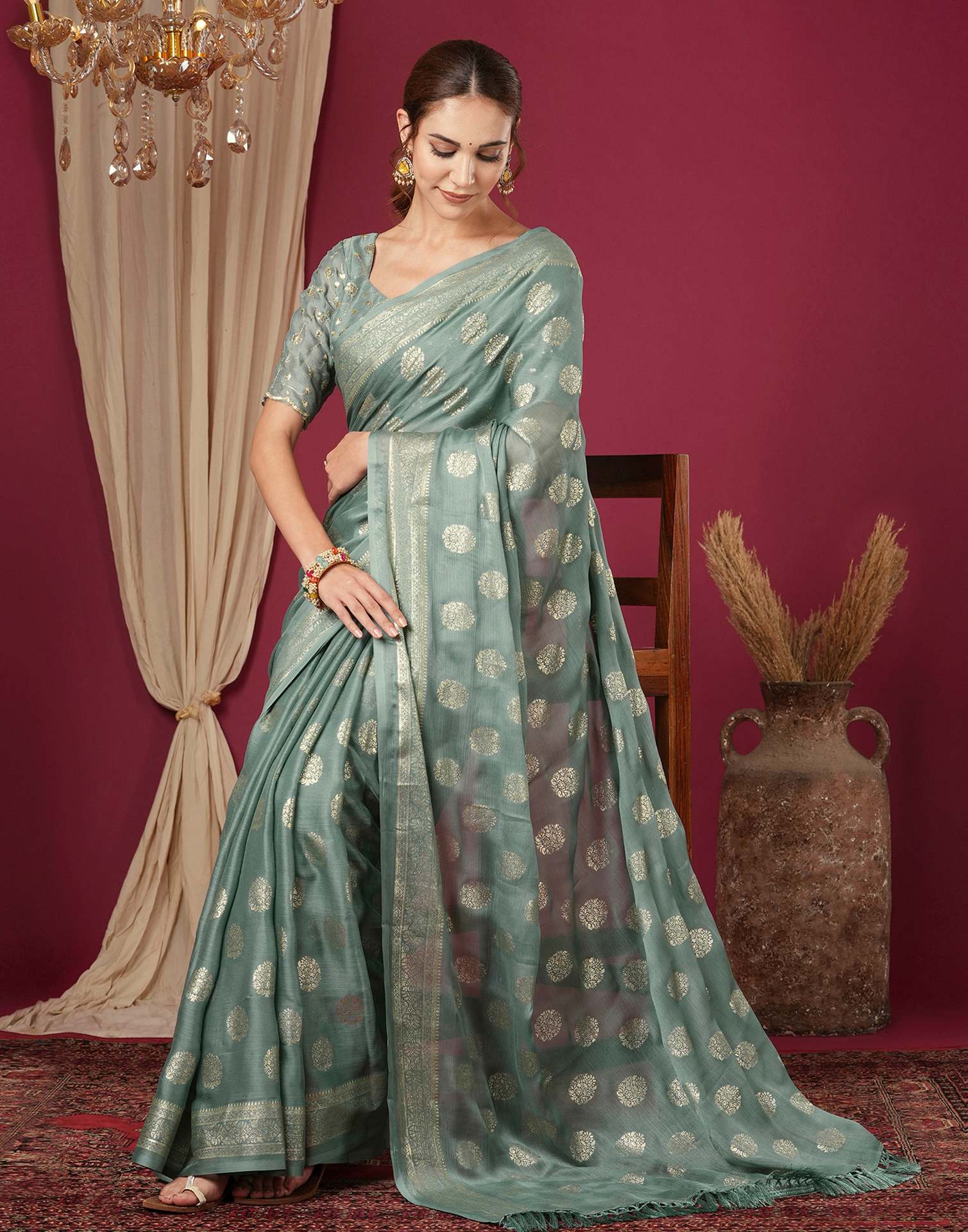 Moss Green Chinnon Foil Printed Saree