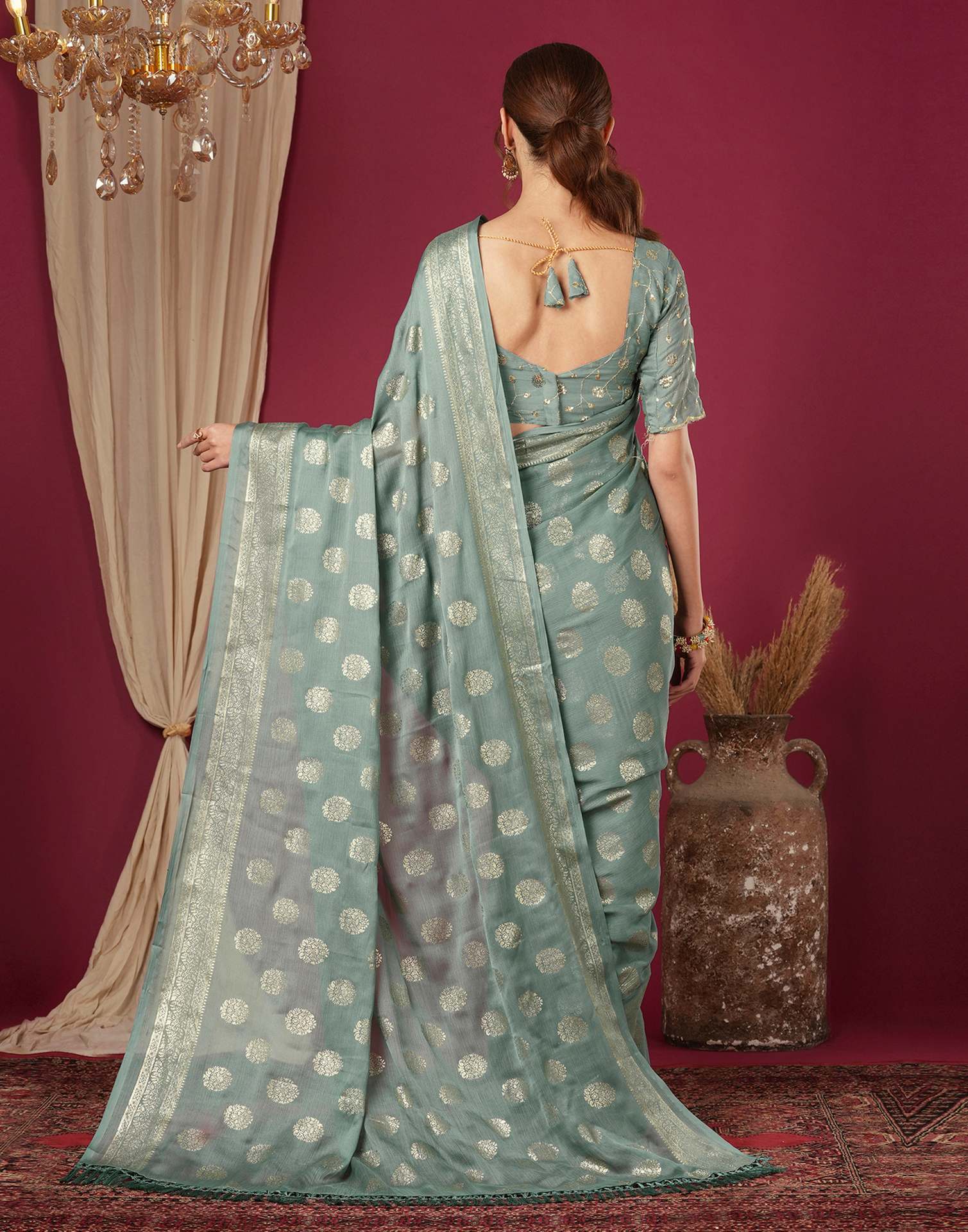 Moss Green Chinnon Foil Printed Saree