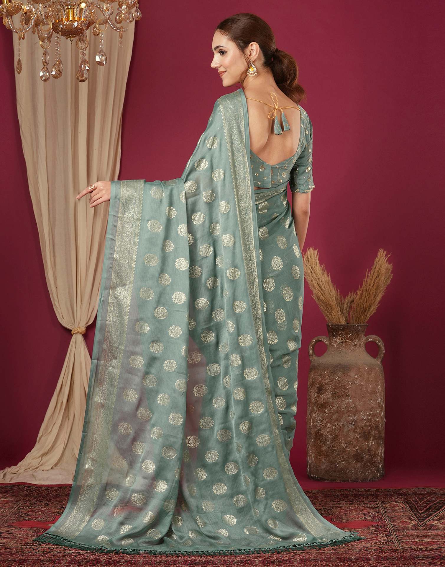 Moss Green Chinnon Foil Printed Saree