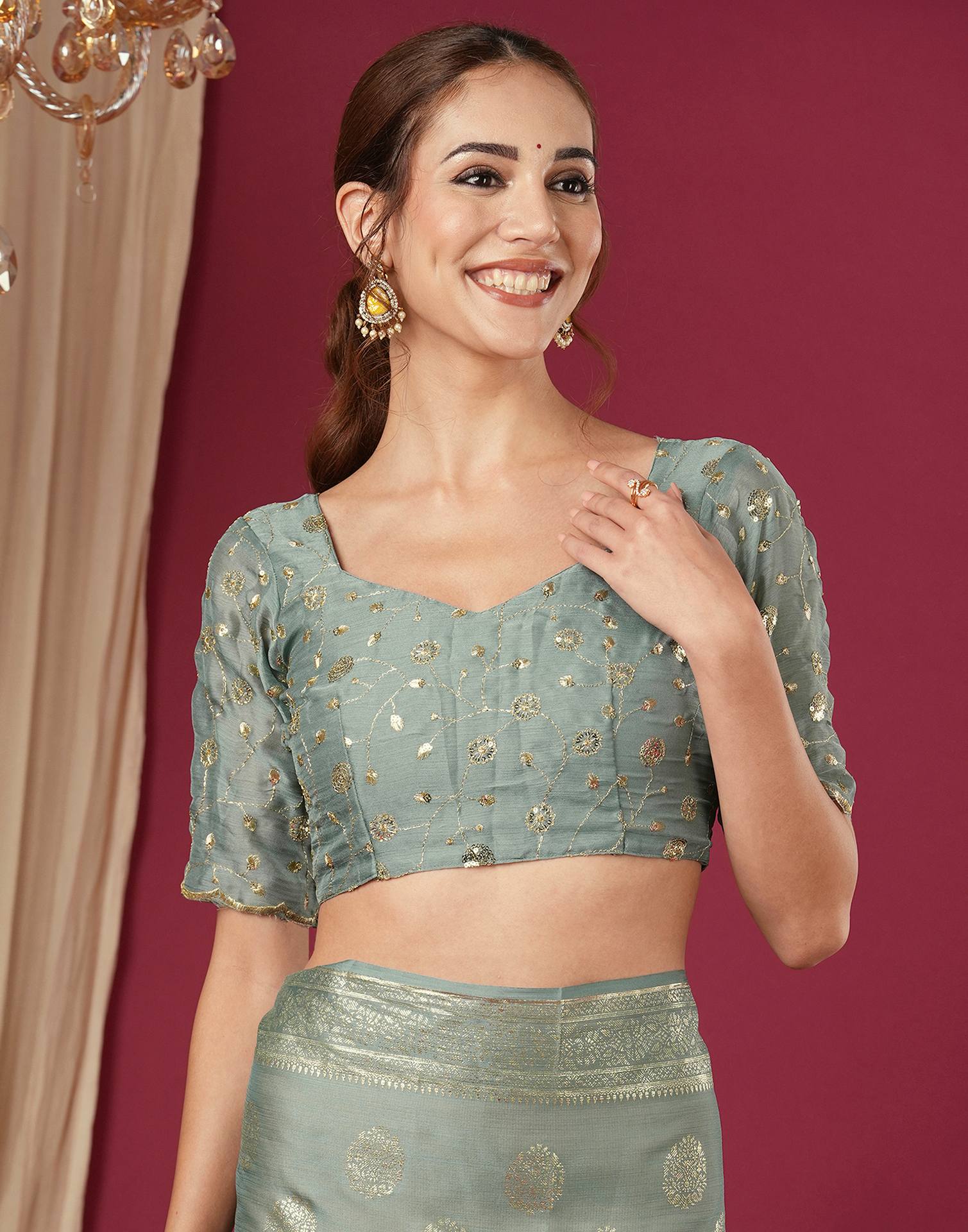 Moss Green Chinnon Foil Printed Saree