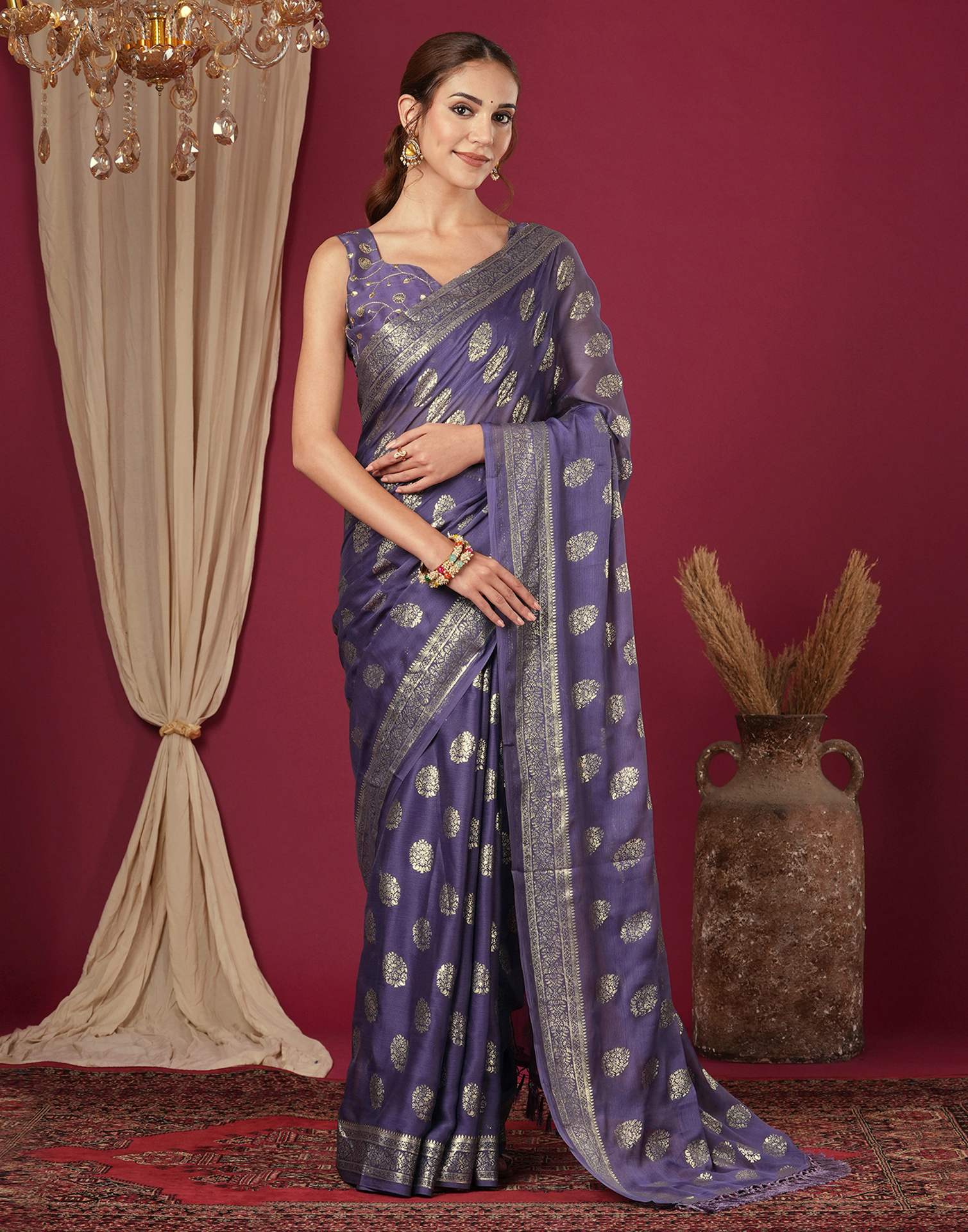 Dusty Purple Chinnon Foil Printed Saree