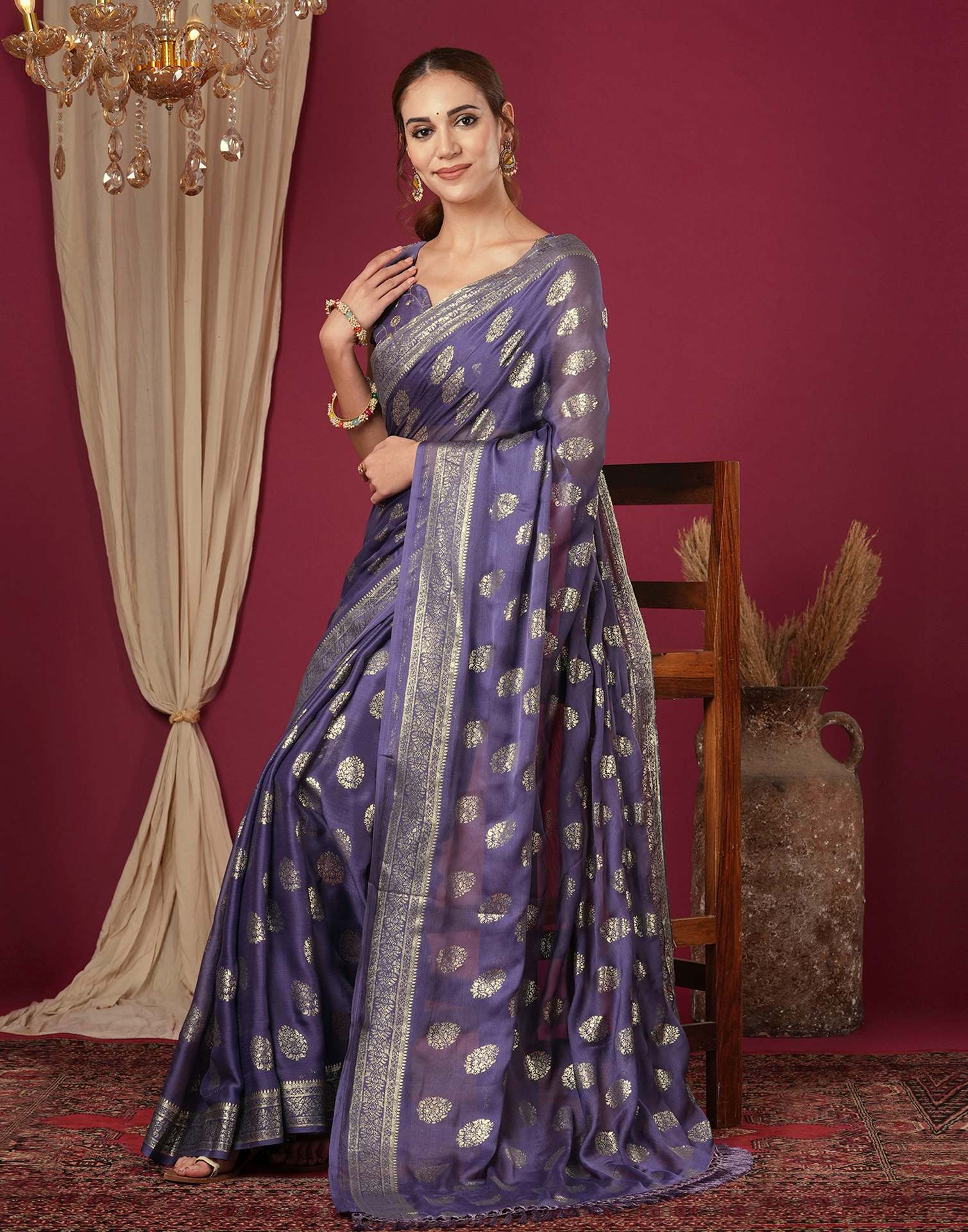 Dusty Purple Chinnon Foil Printed Saree