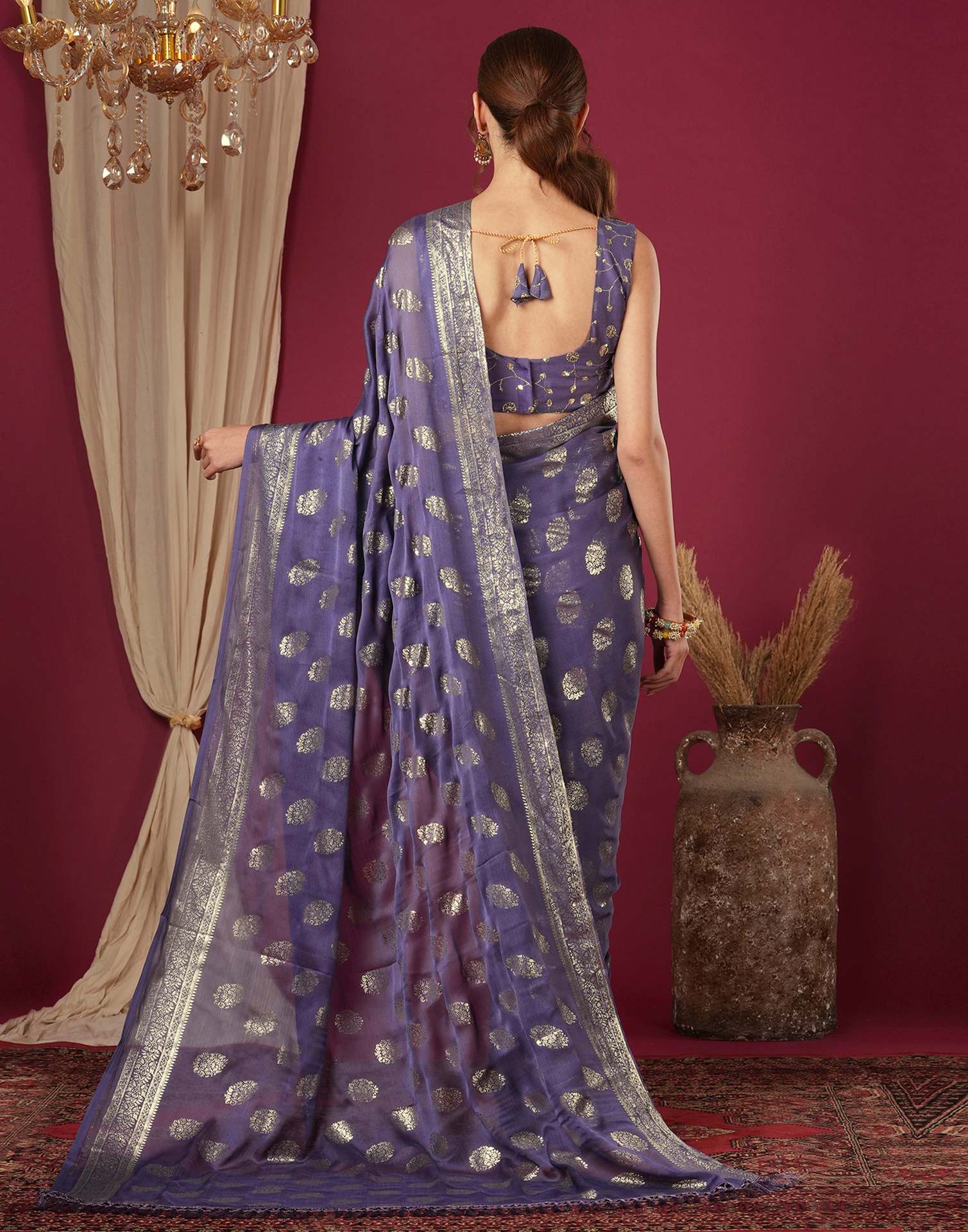 Dusty Purple Chinnon Foil Printed Saree