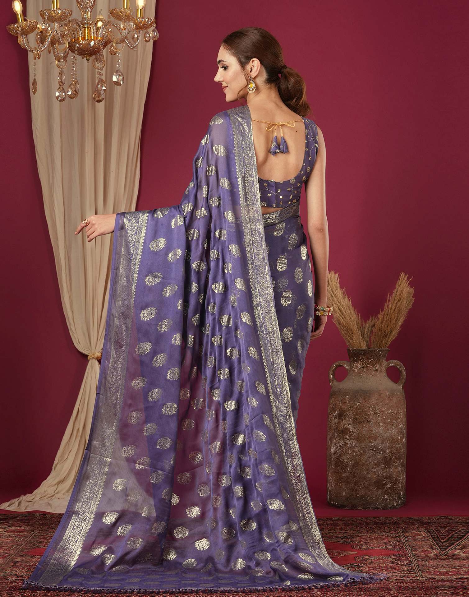 Dusty Purple Chinnon Foil Printed Saree