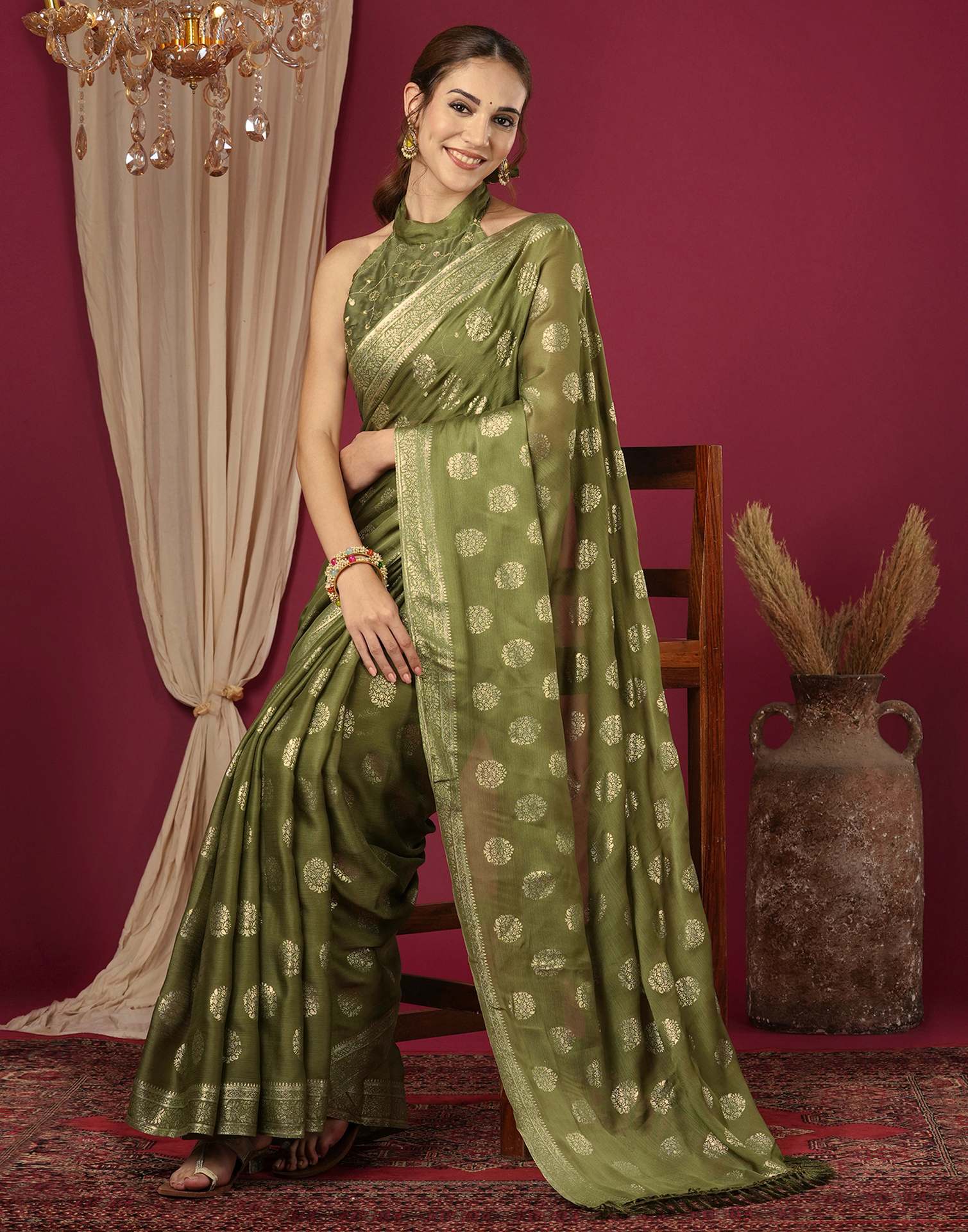 Olive Green Chinnon Foil Printed Saree