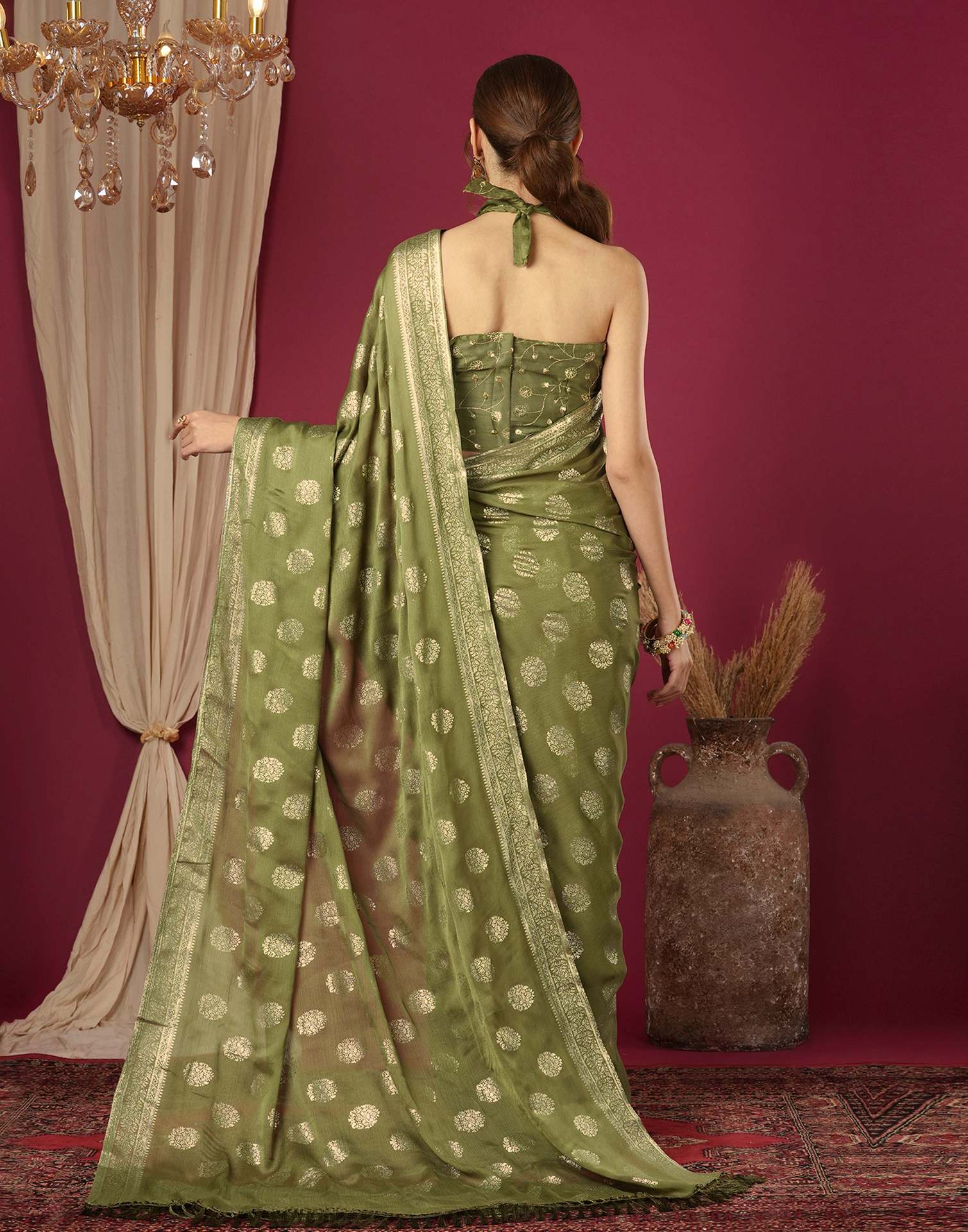 Olive Green Chinnon Foil Printed Saree