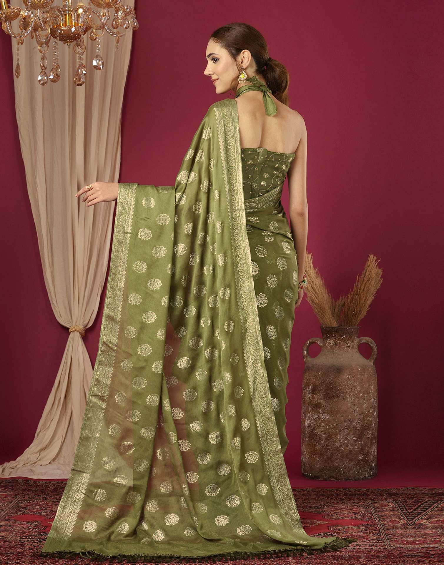 Olive Green Chinnon Foil Printed Saree