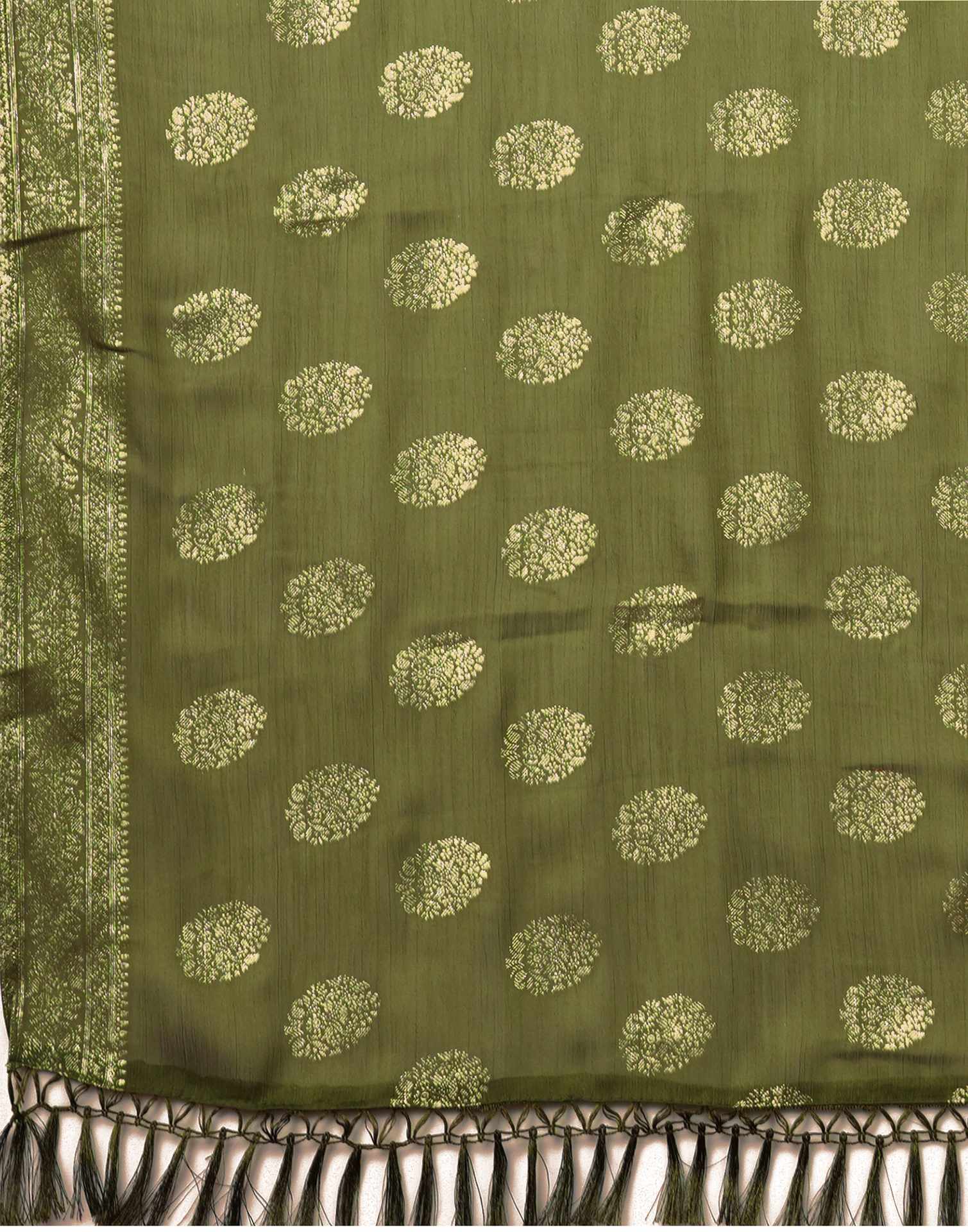 Olive Green Chinnon Foil Printed Saree