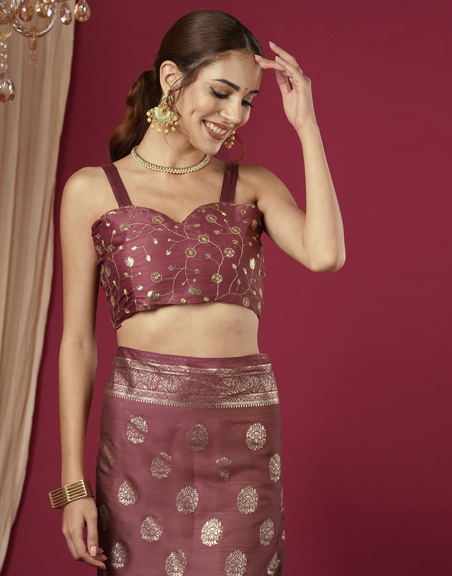 Reddish Brown Chinnon Foil Printed Saree