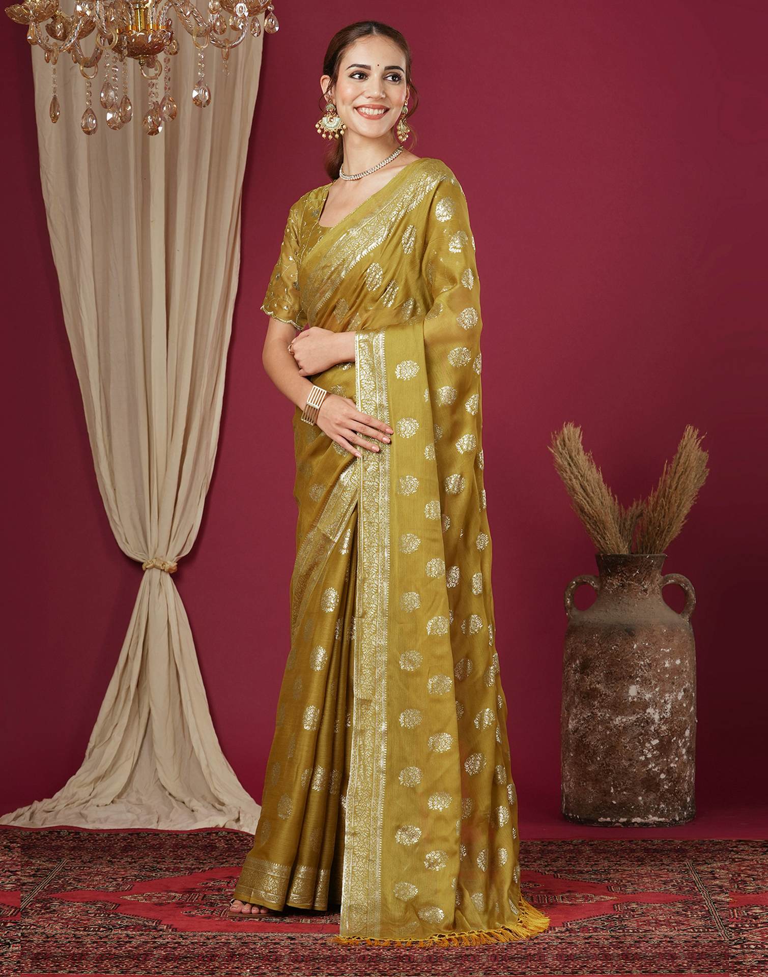 Mustard Chinnon Foil Printed Saree