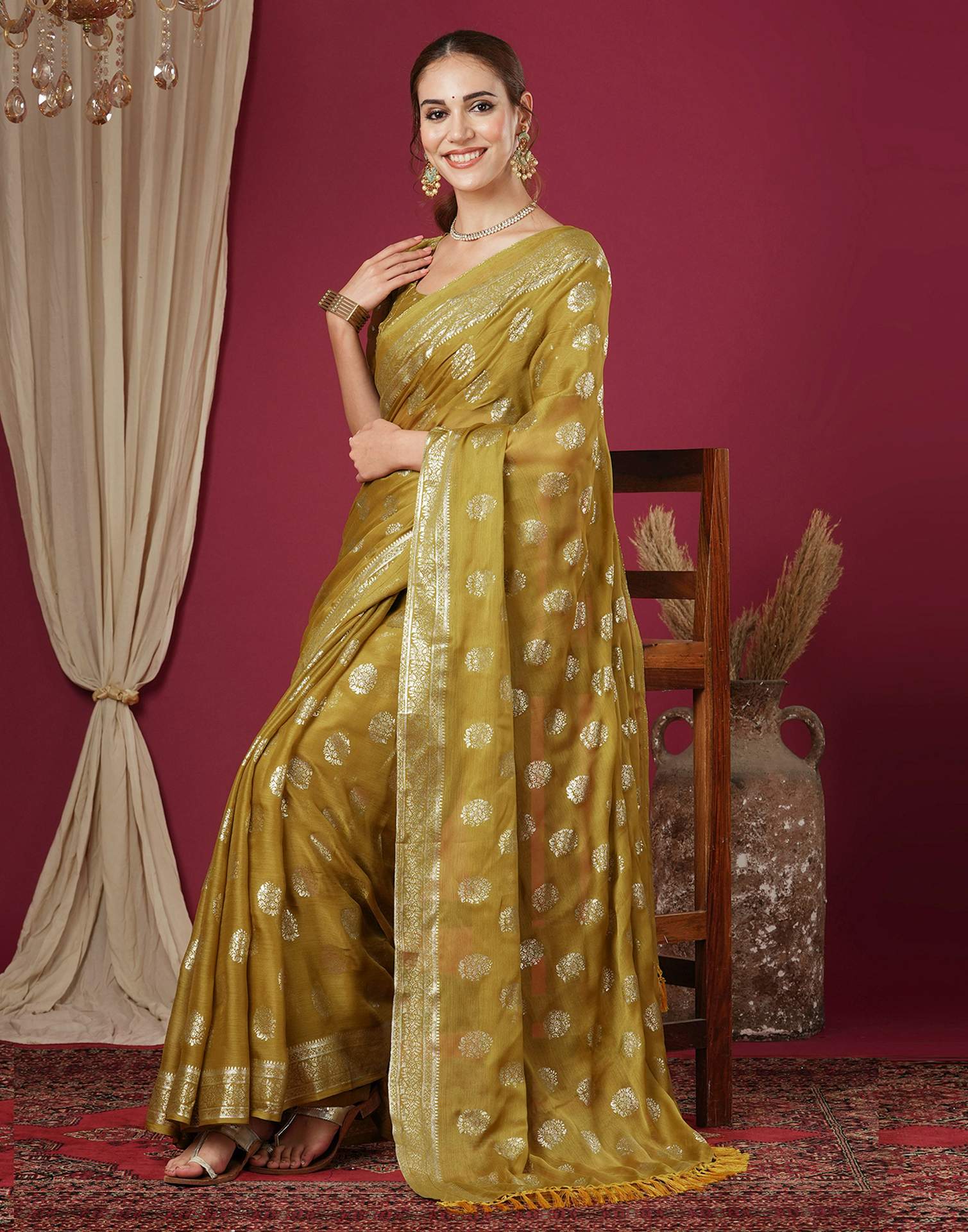 Mustard Chinnon Foil Printed Saree
