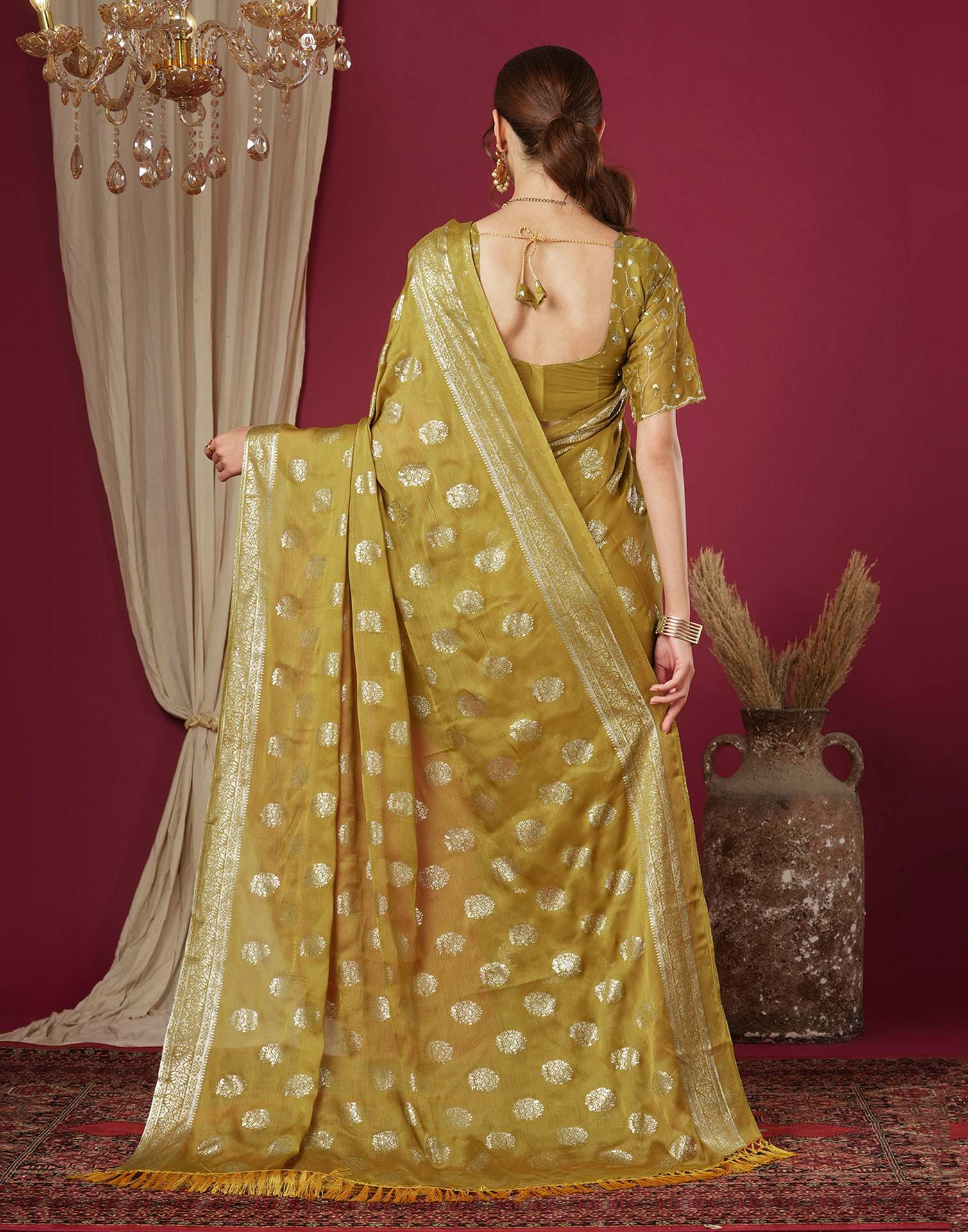Mustard Chinnon Foil Printed Saree