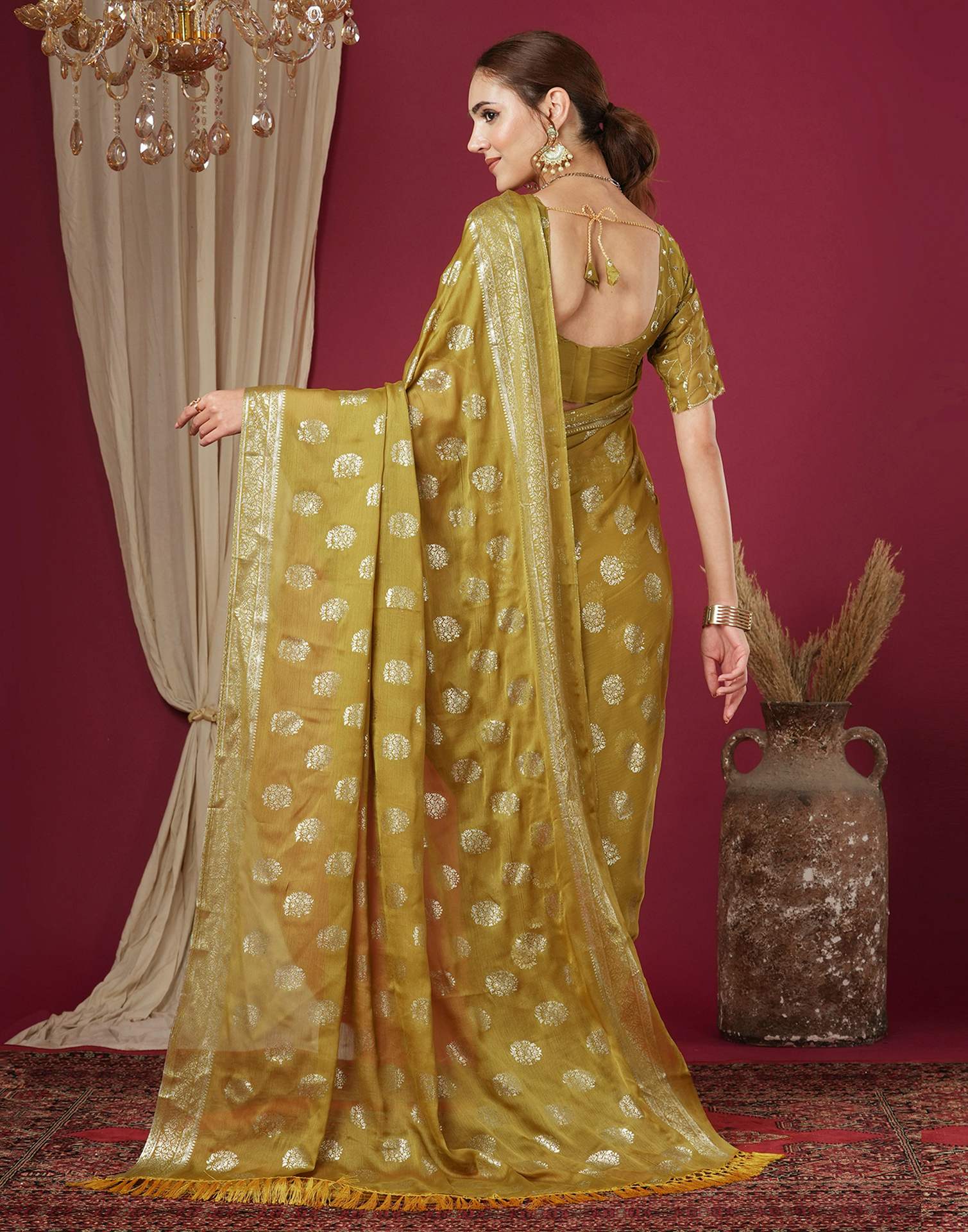Mustard Chinnon Foil Printed Saree