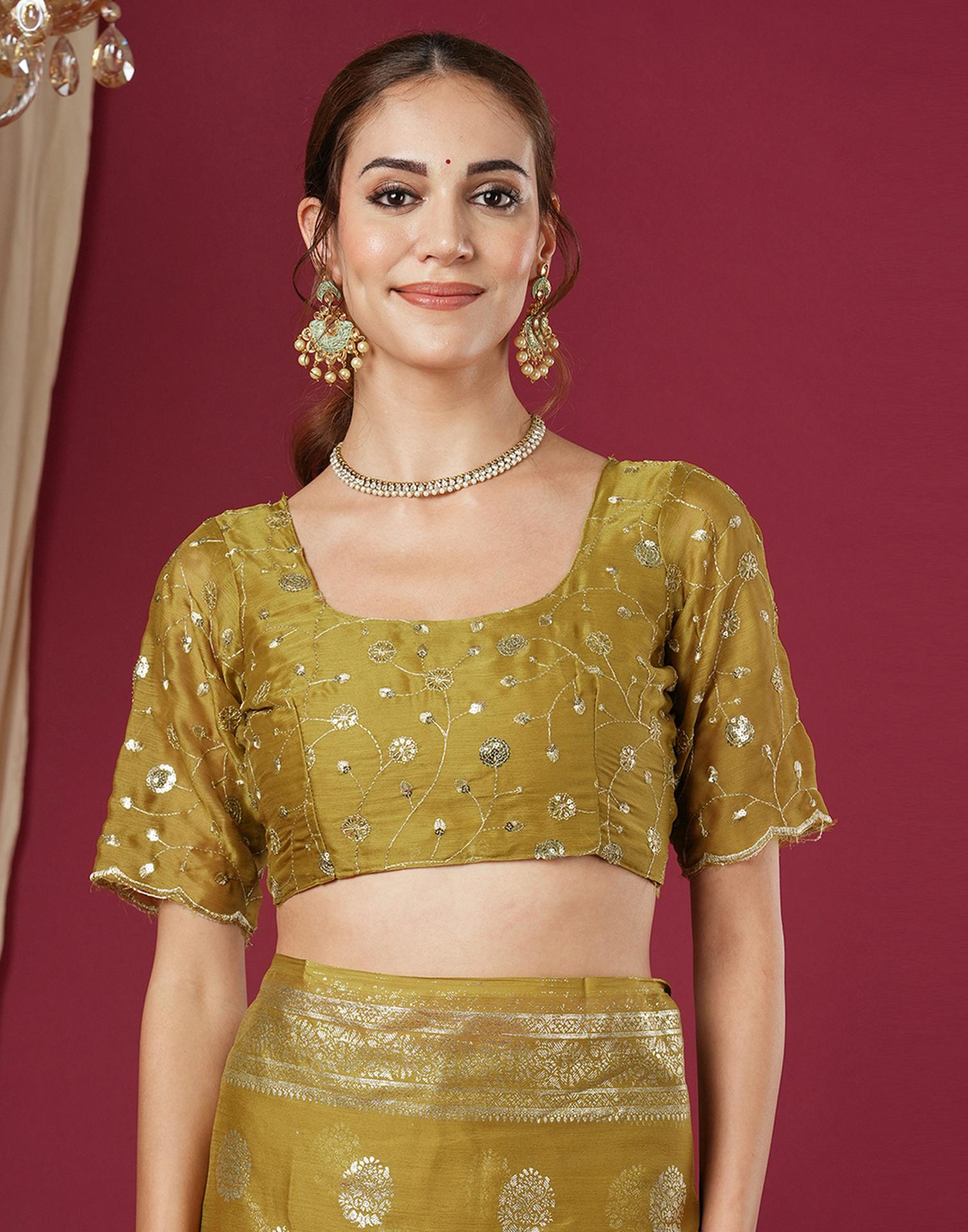 Mustard Chinnon Foil Printed Saree