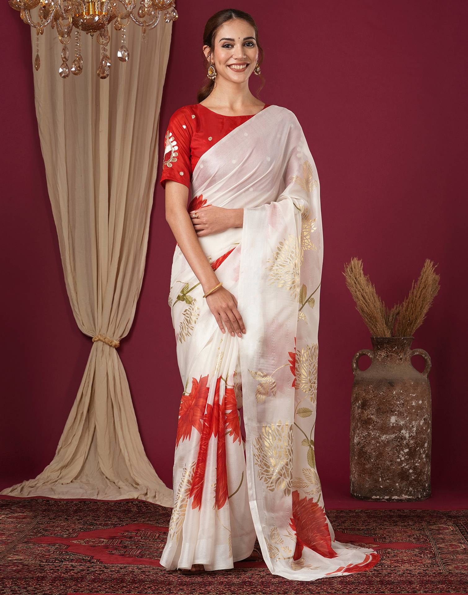 Off White Silk Foil Printed Saree
