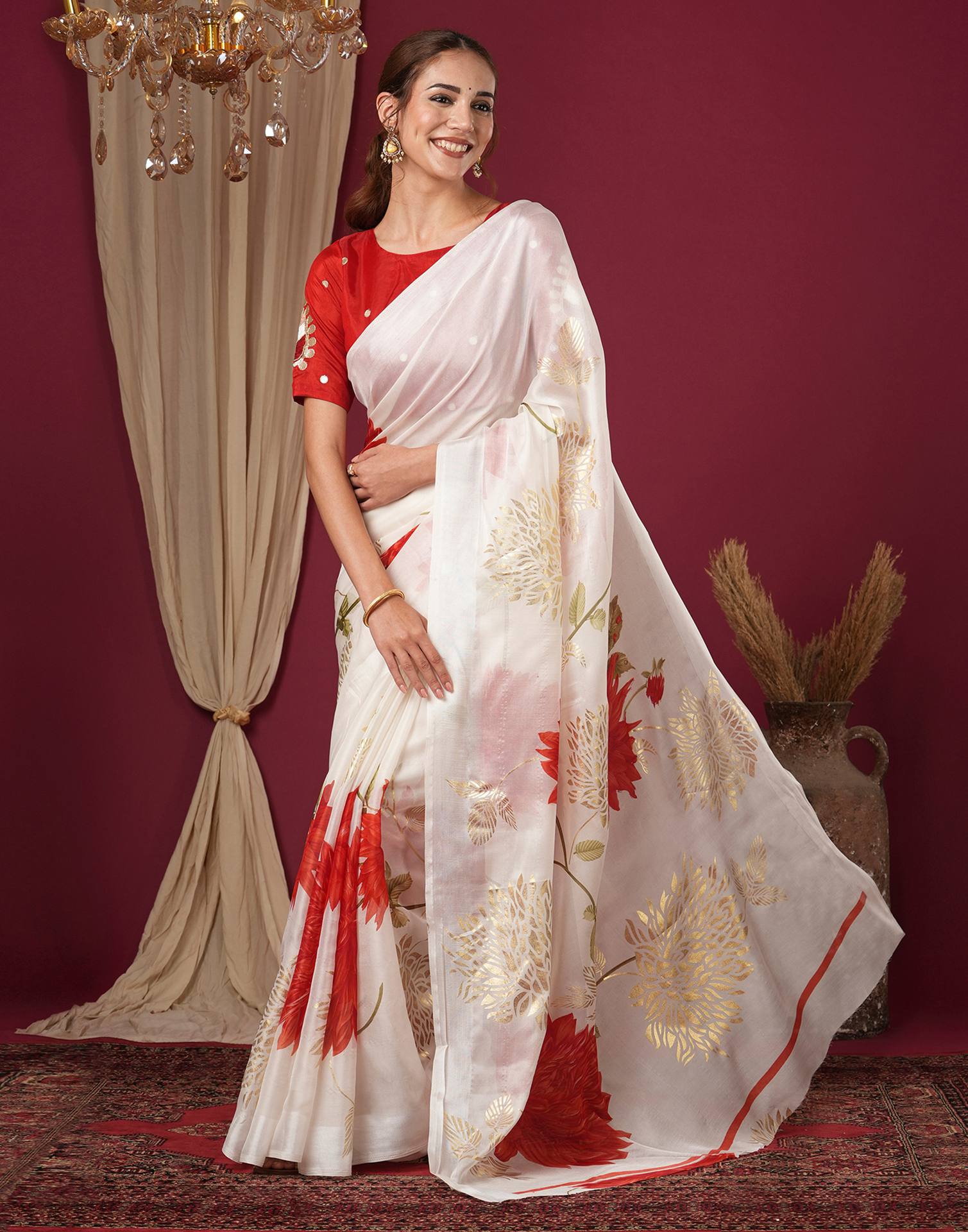 Off White Silk Foil Printed Saree
