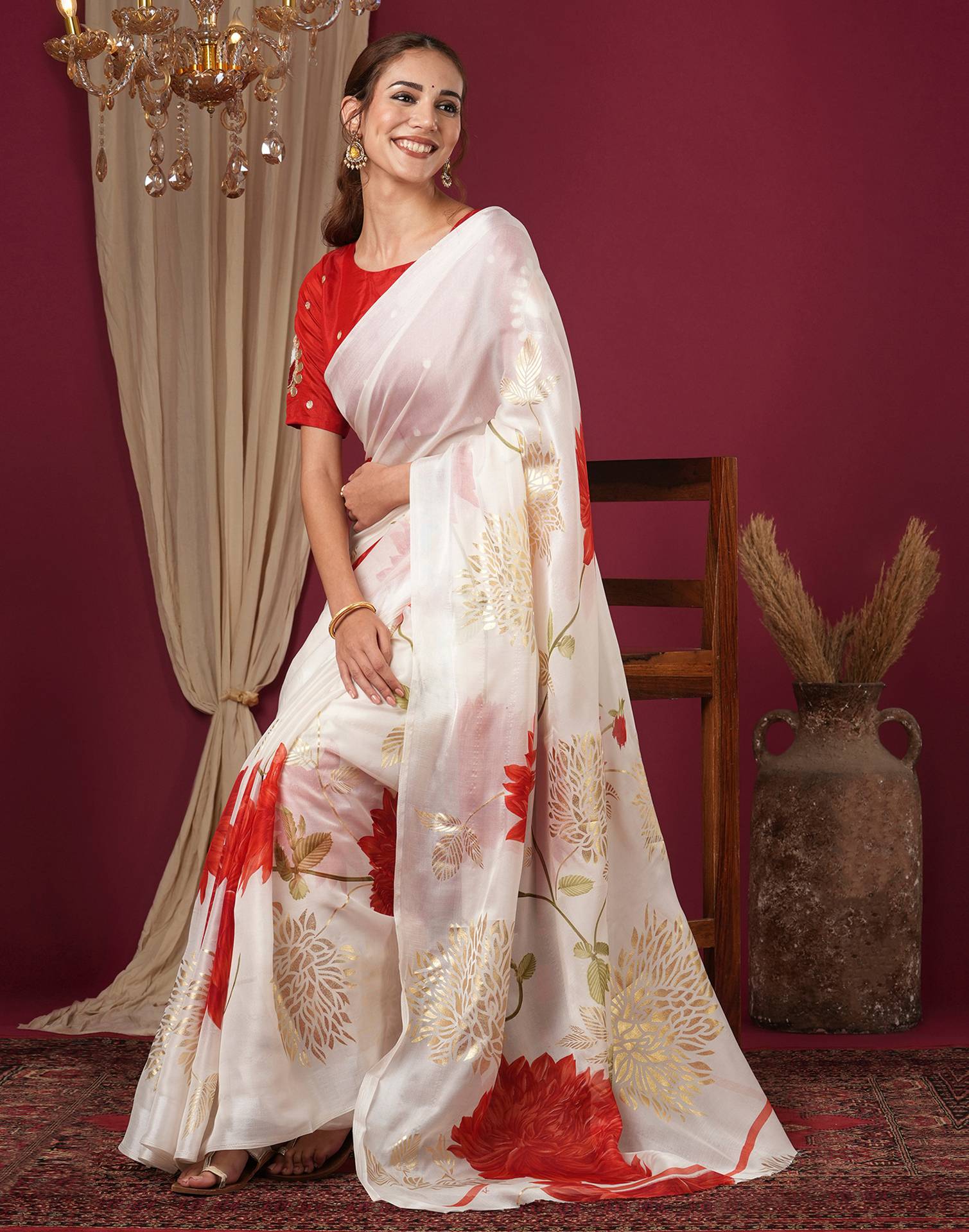 Off White Silk Foil Printed Saree