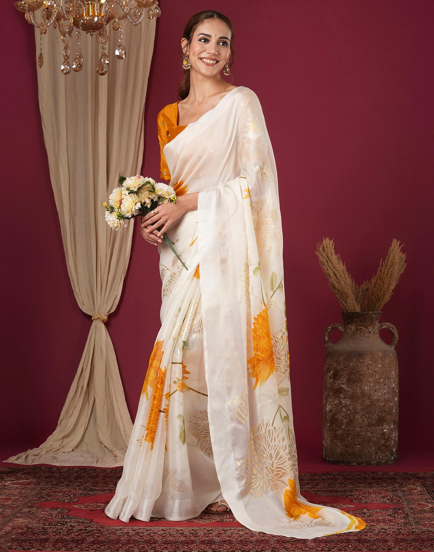 Off White Silk Foil Printed Saree