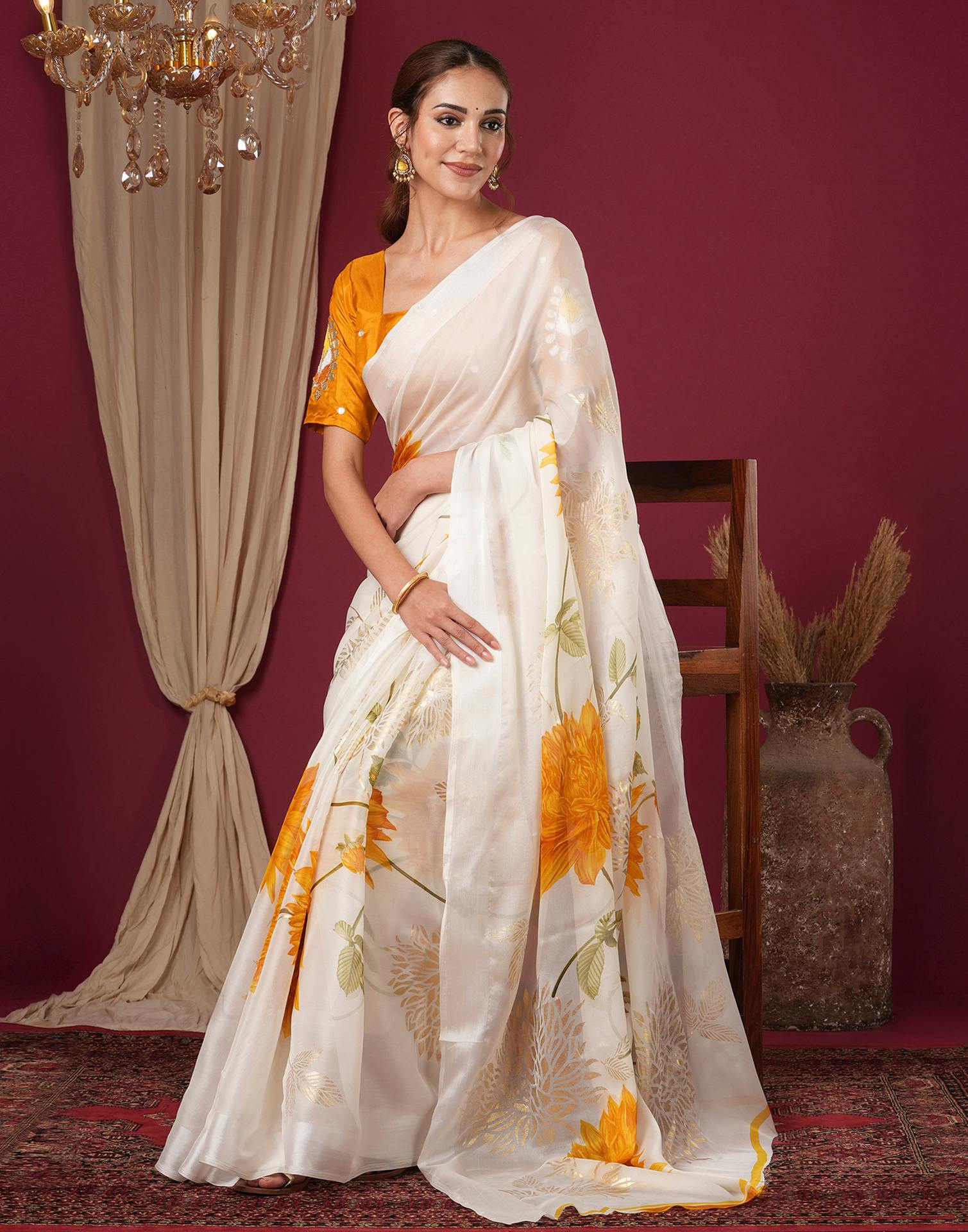 Off White Silk Foil Printed Saree
