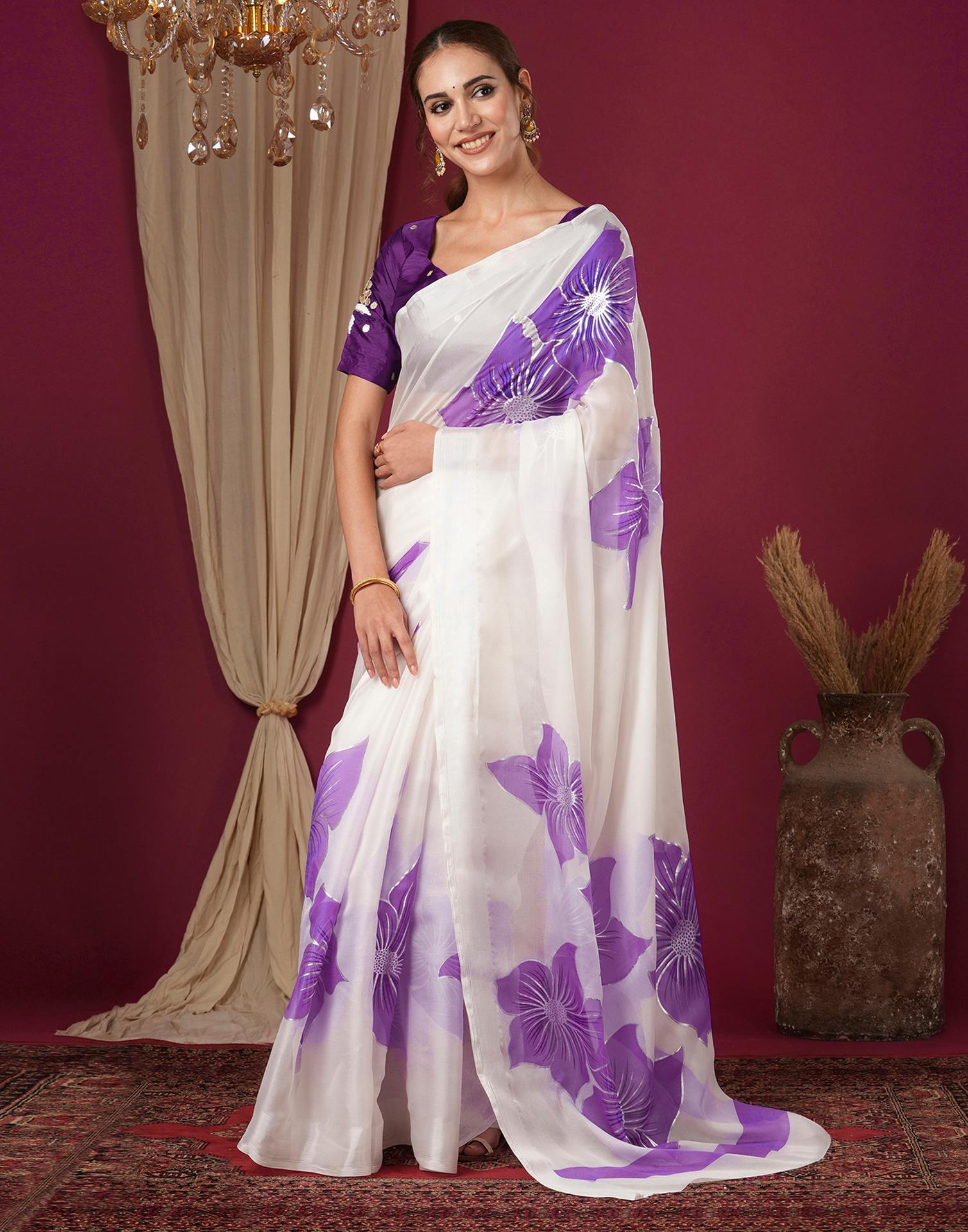 Off White Silk Floral Foil Printed Saree