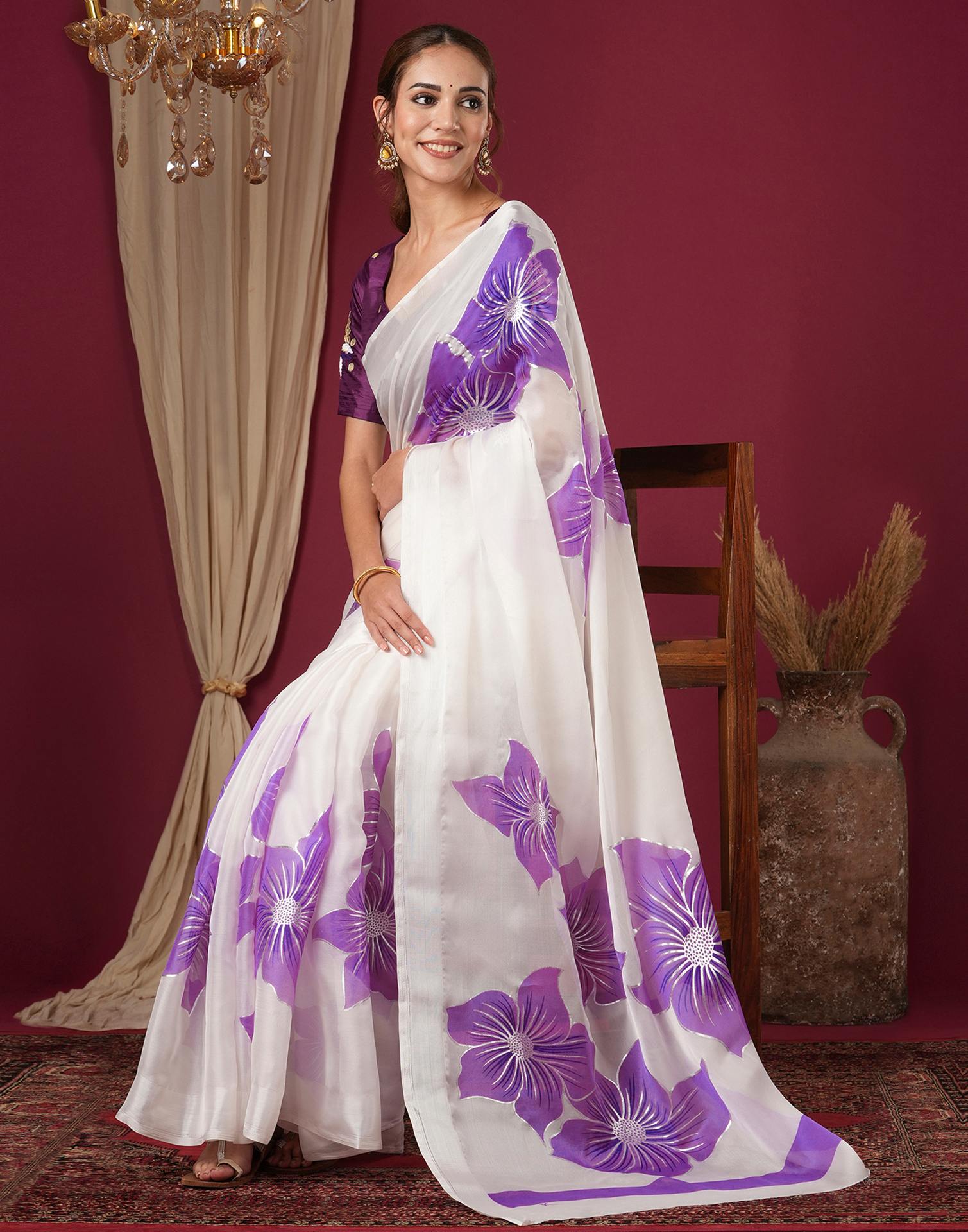 Off White Silk Floral Foil Printed Saree
