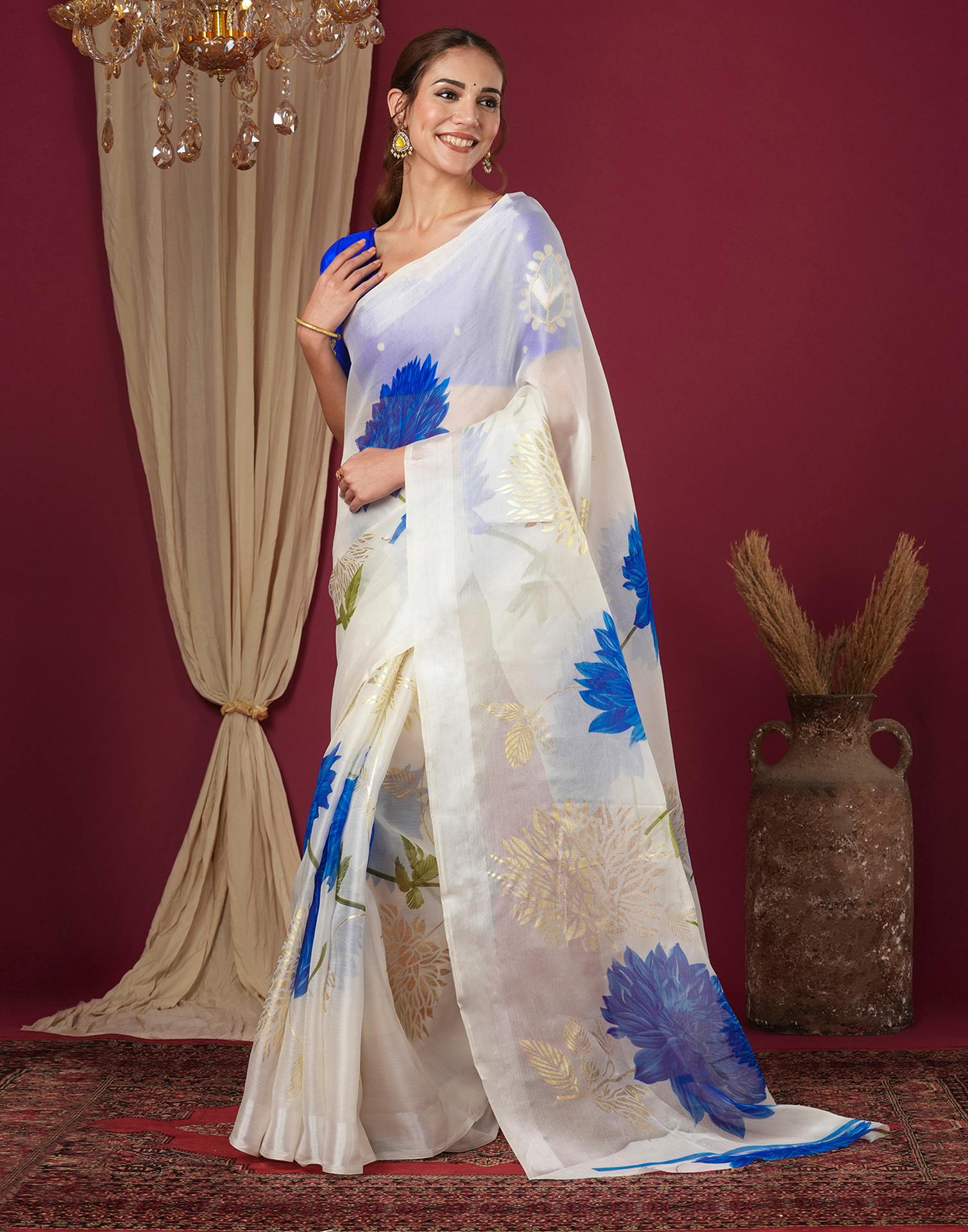 Off White Silk Foil Printed Saree