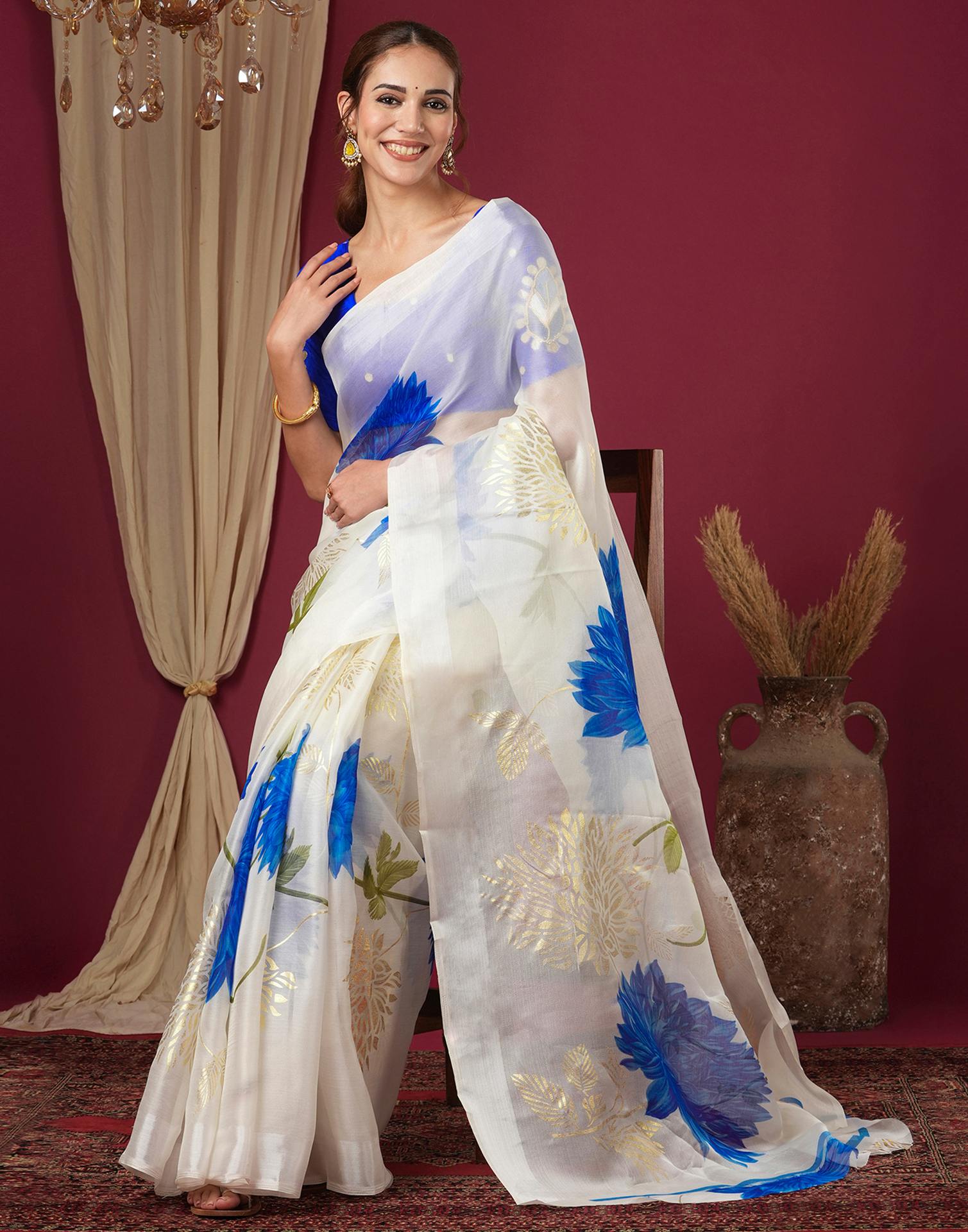 Off White Silk Foil Printed Saree