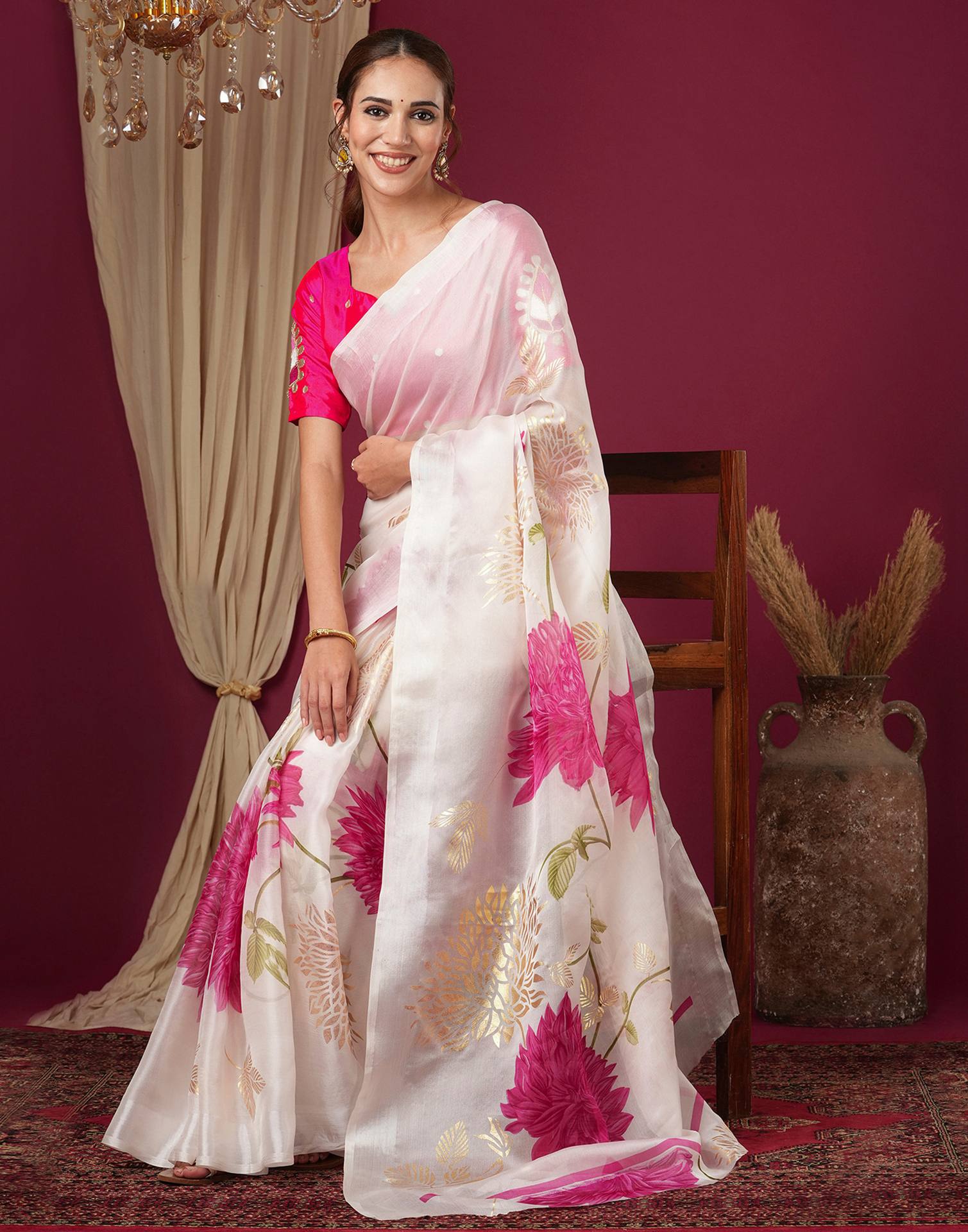Off White Silk Foil Printed Saree