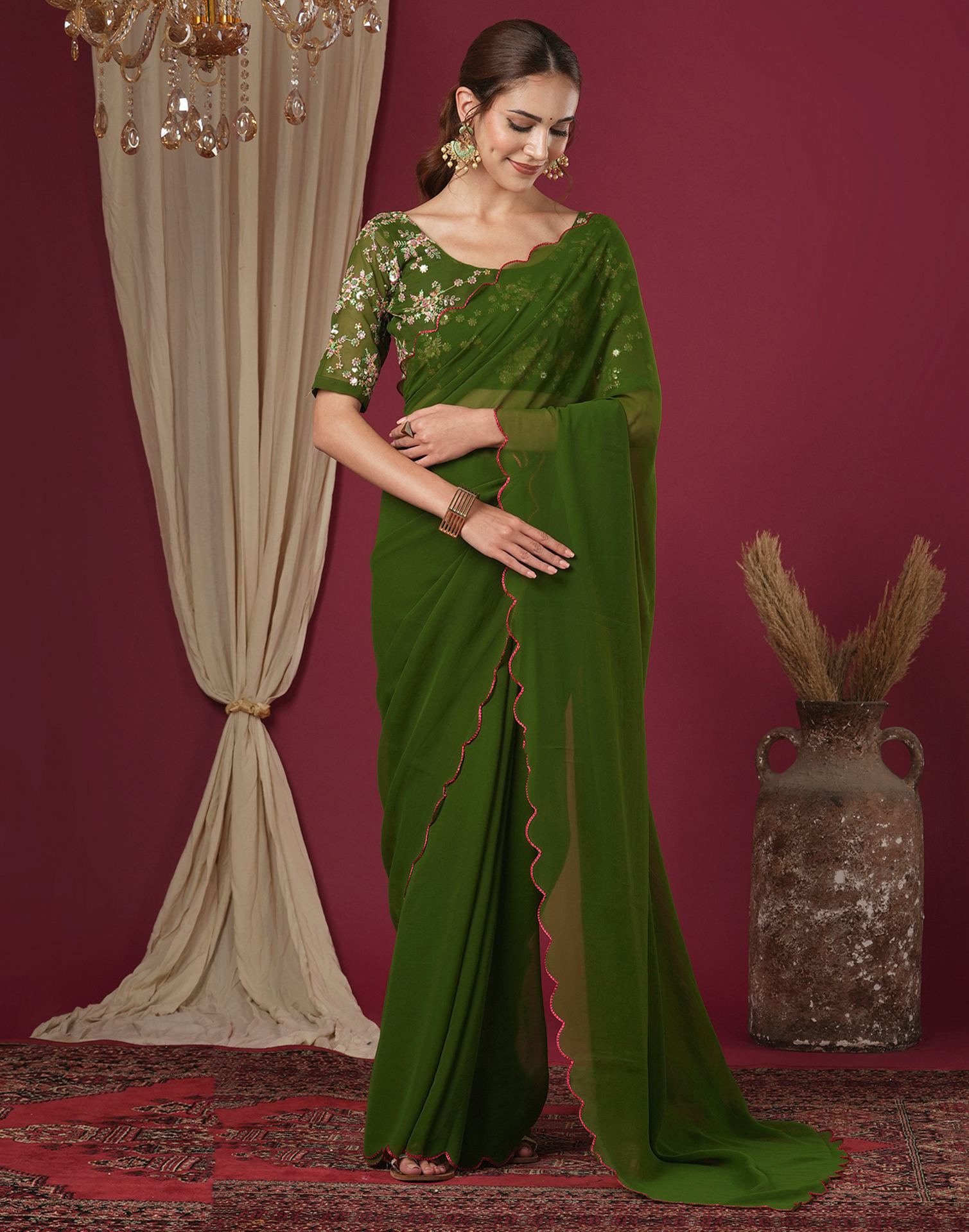 Olive Green Georgette Dyed Plain Saree