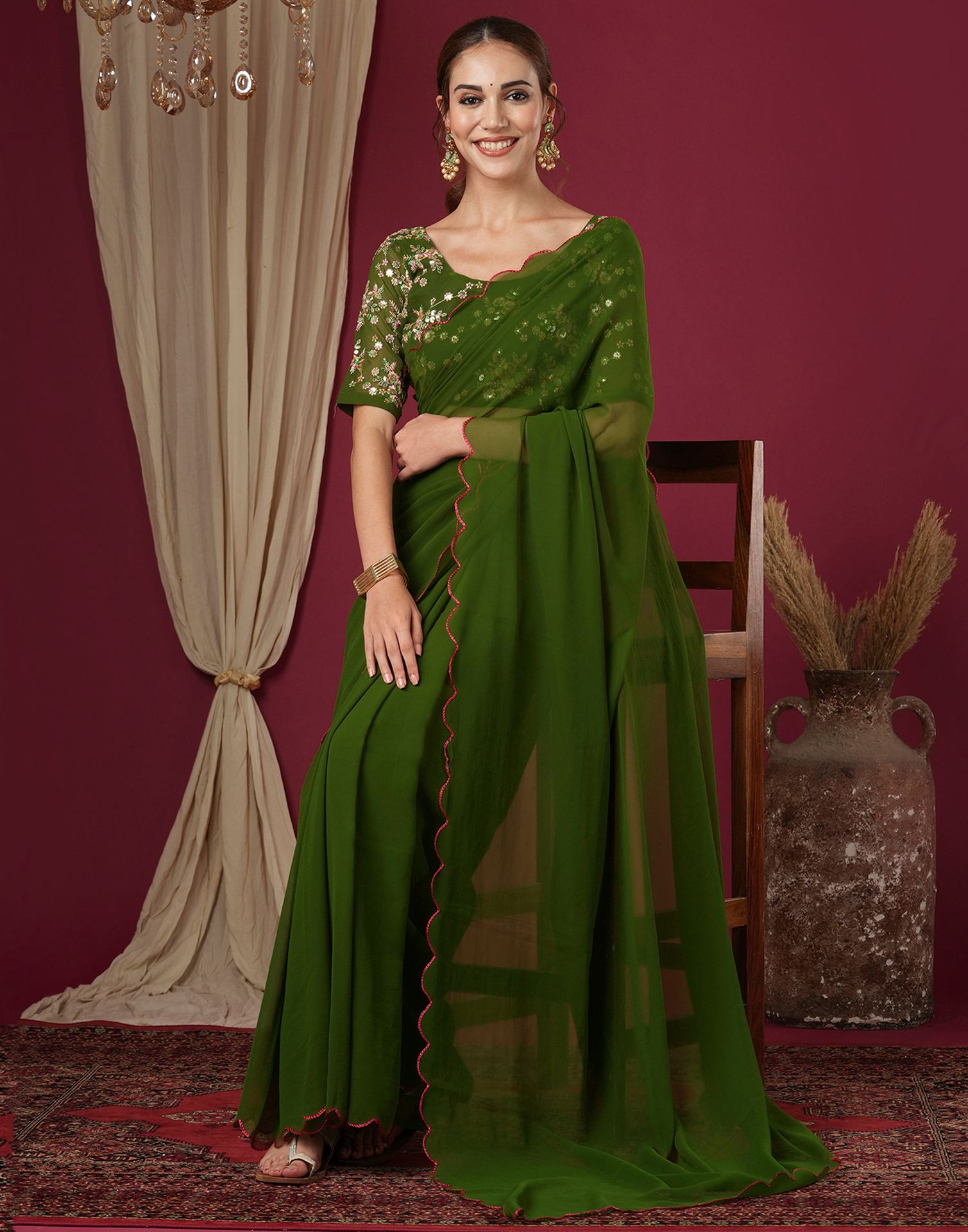 Olive Green Georgette Dyed Plain Saree