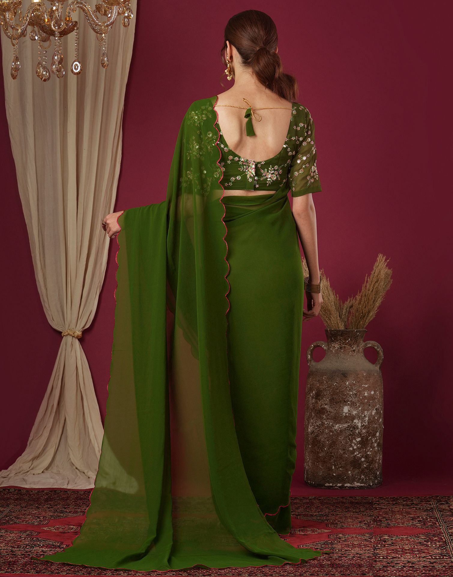 Olive Green Georgette Dyed Plain Saree