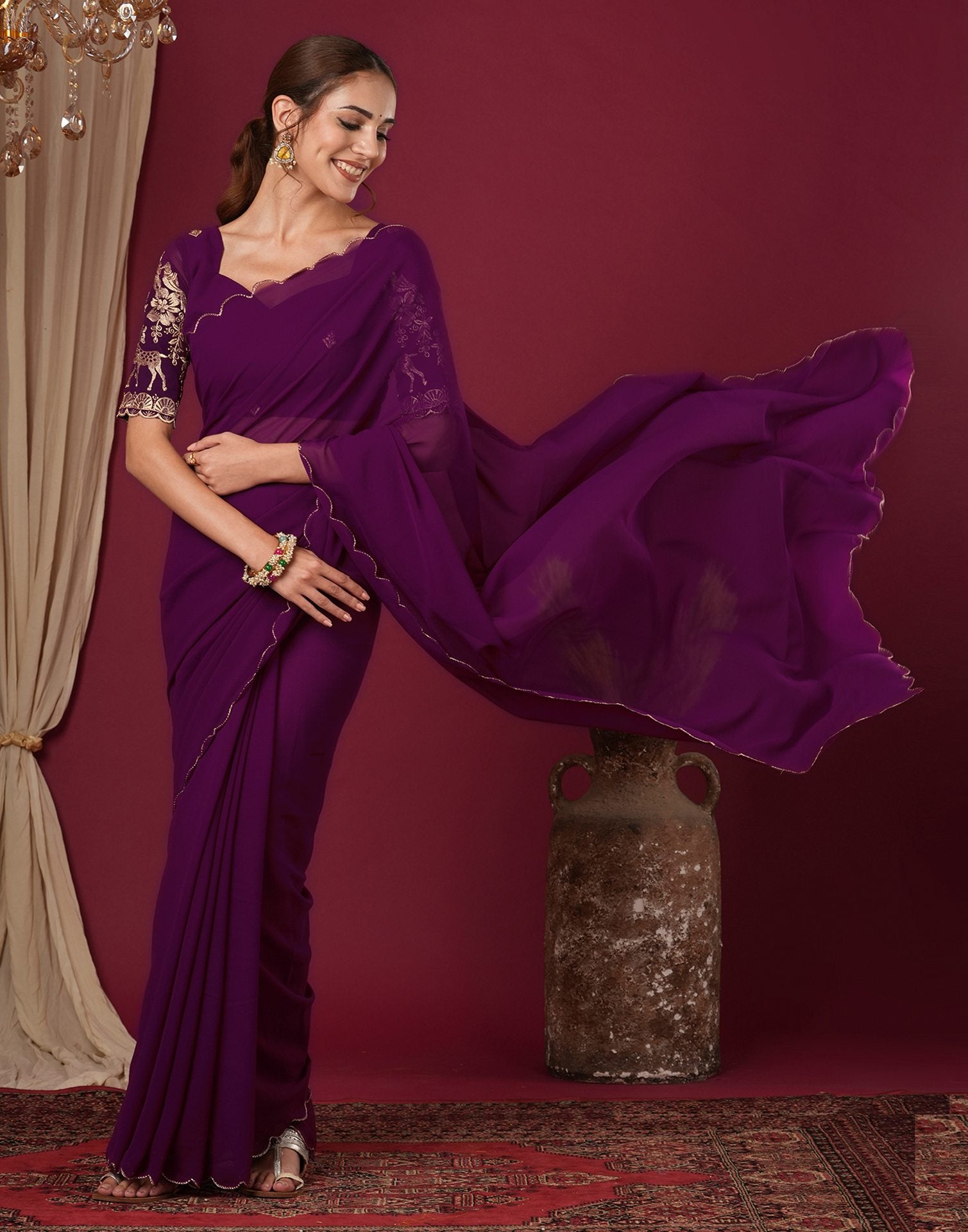 Wine Georgette Dyed Plain Saree
