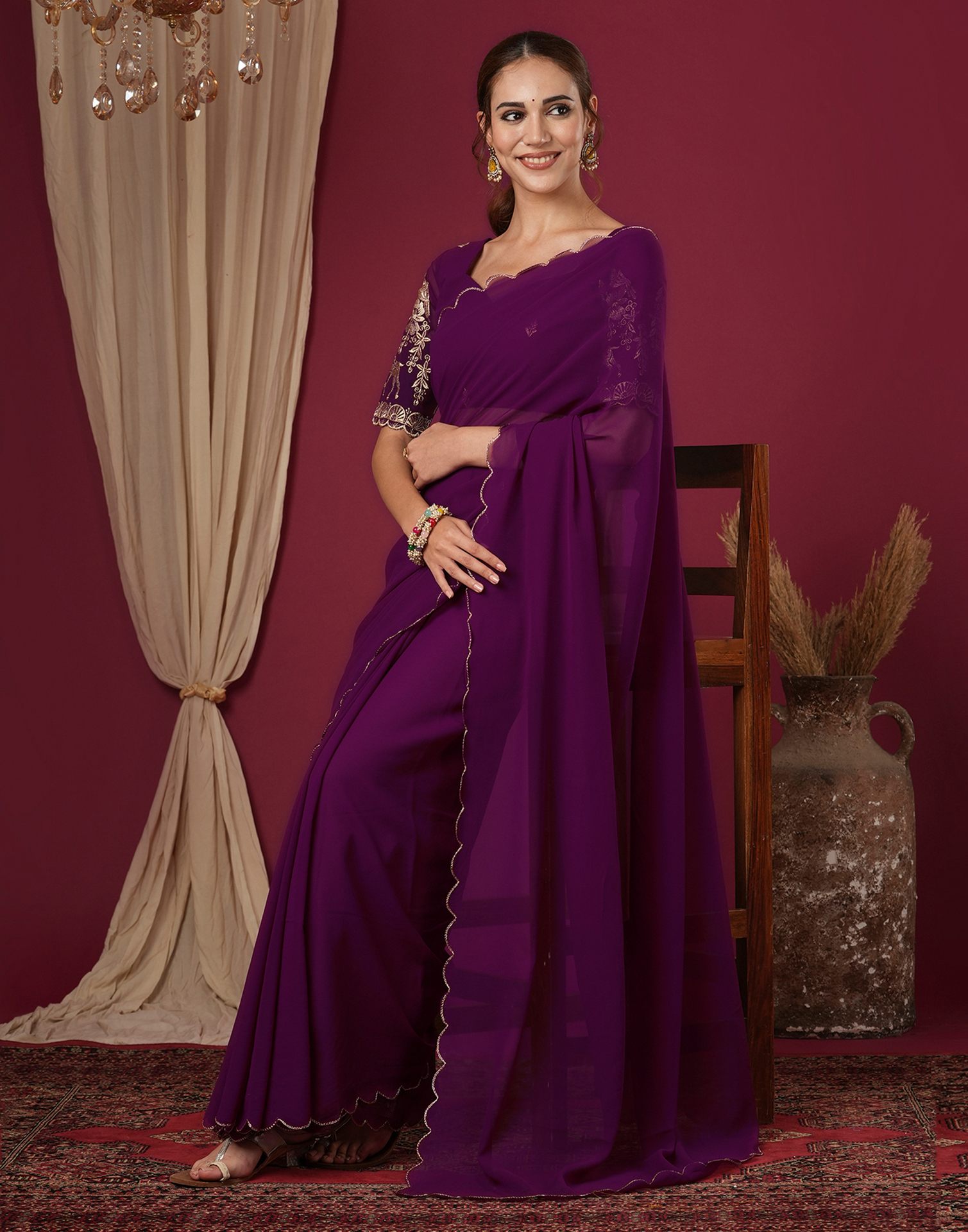 Wine Georgette Dyed Plain Saree