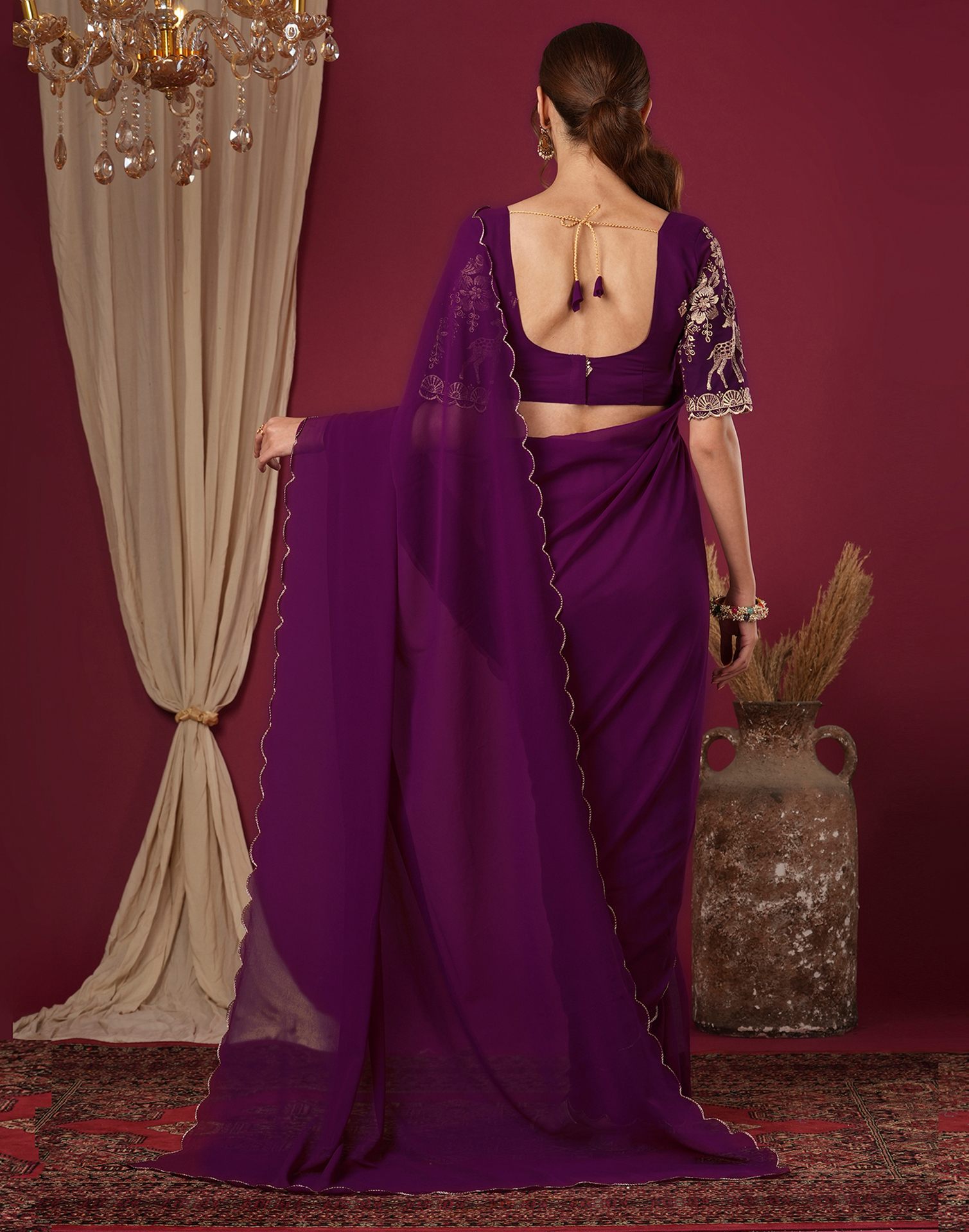 Wine Georgette Dyed Plain Saree
